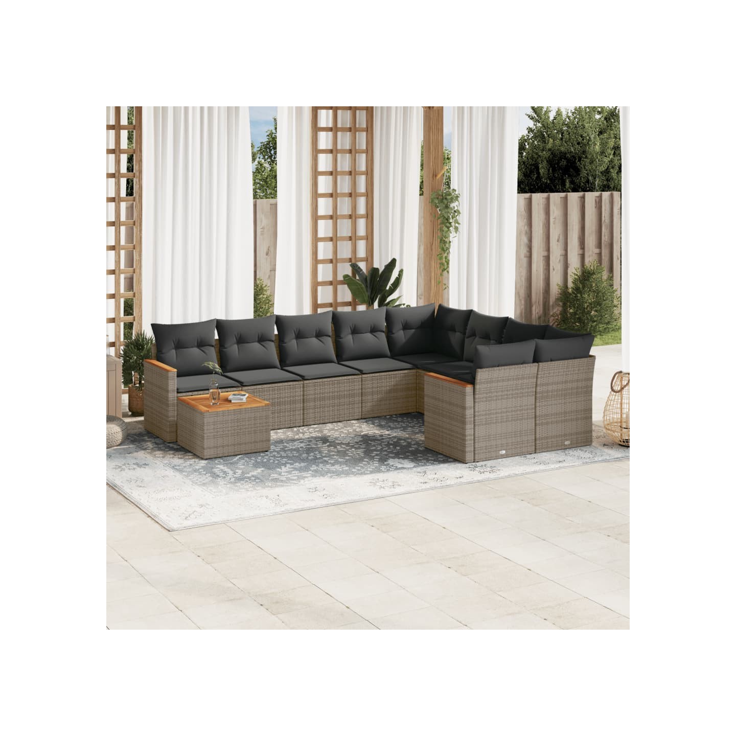 Salon de jardin avec coussins 10 pcs gris résine tressée