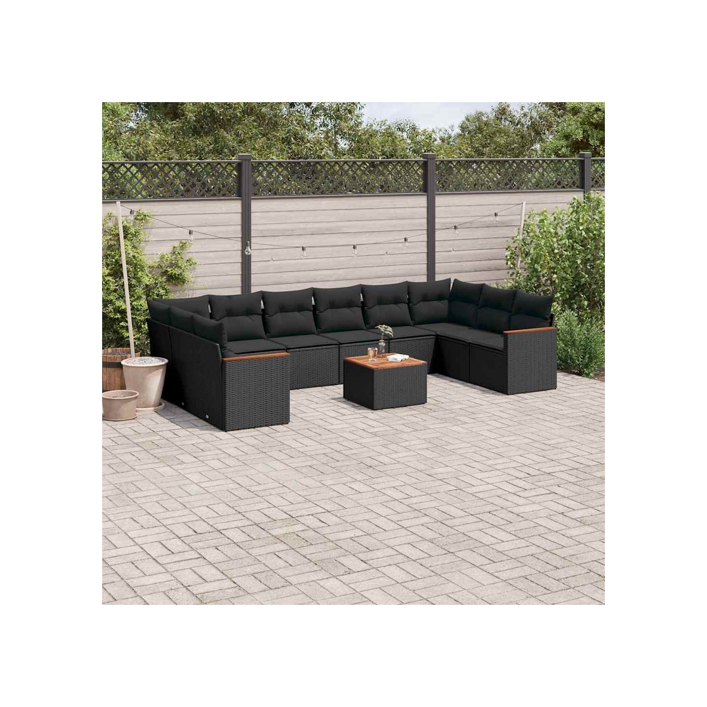 Salon de jardin 11 pcs avec coussins noir résine tressée