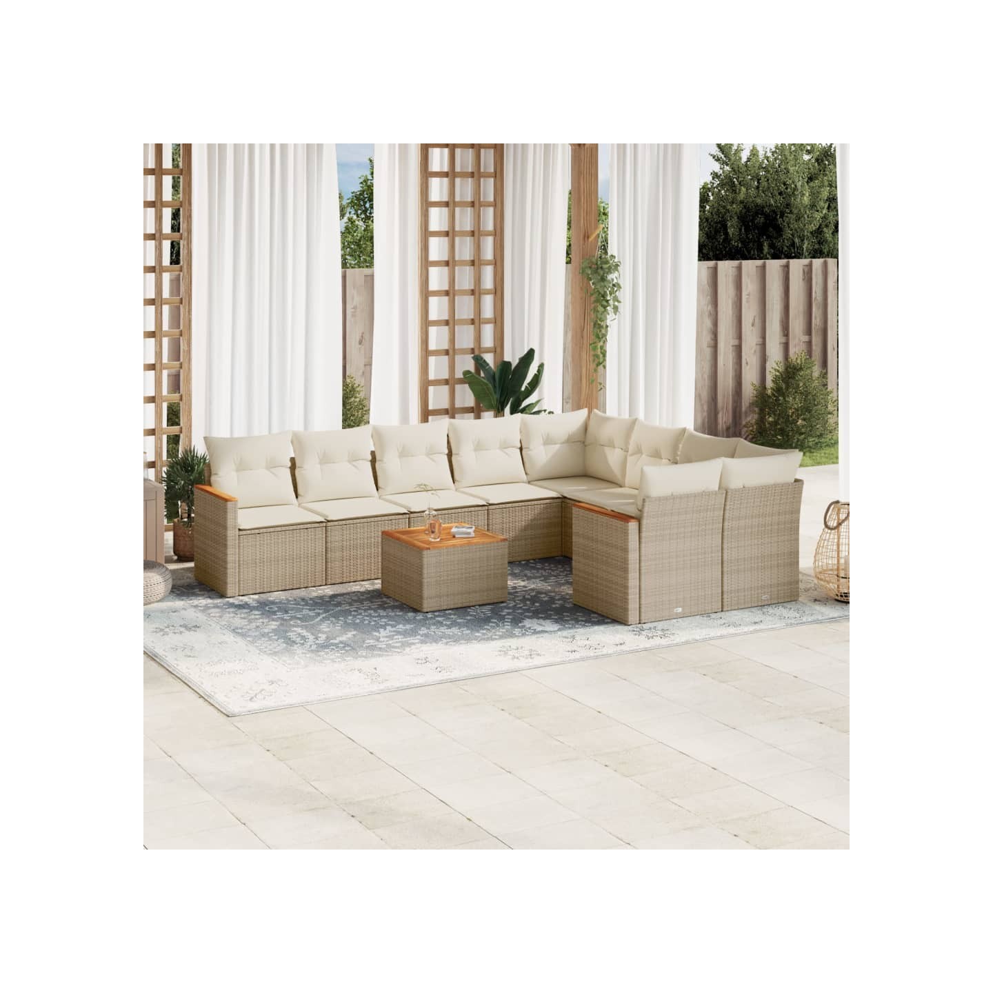 Salon de jardin avec coussins 10 pcs beige résine tressée