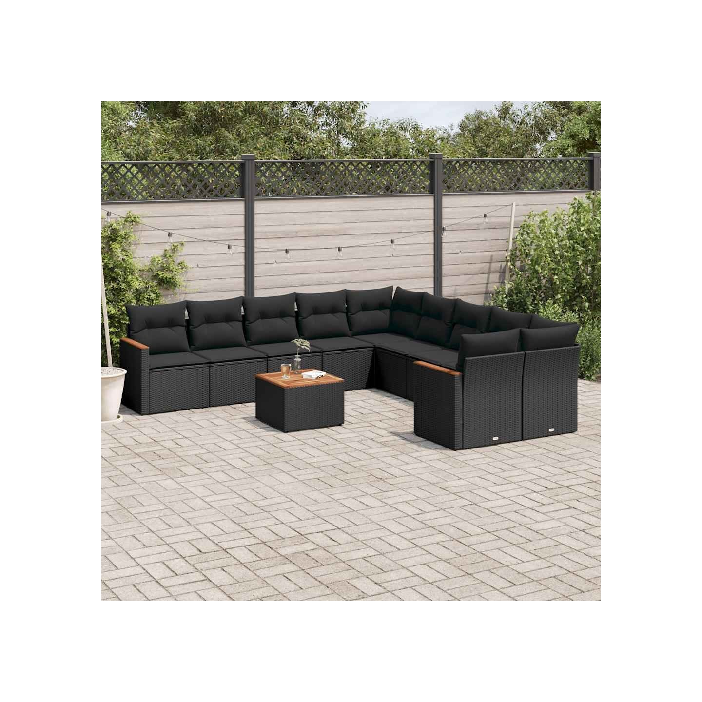 Salon de jardin 11 pcs avec coussins noir résine tressée