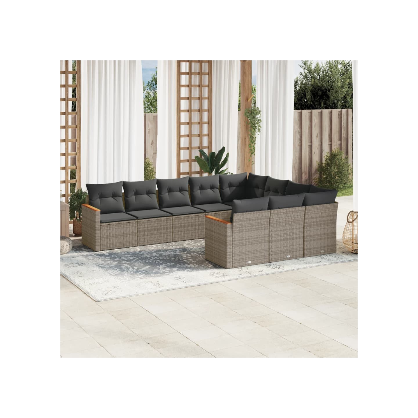 Salon de jardin avec coussins 10 pcs gris résine tressée
