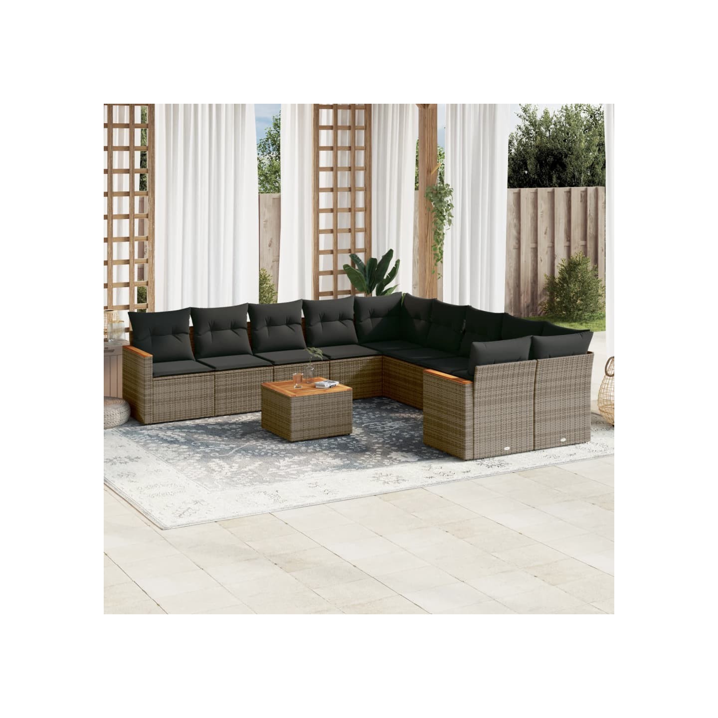 Salon de jardin 11 pcs avec coussins gris résine tressée