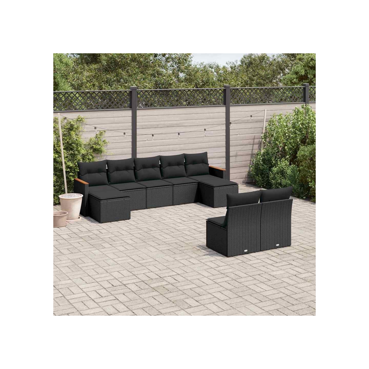 Salon de jardin 9 pcs avec coussins noir résine tressée