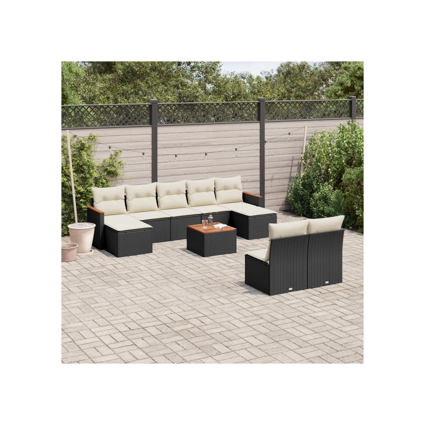 Salon de jardin 10 pcs avec coussins noir résine tressée