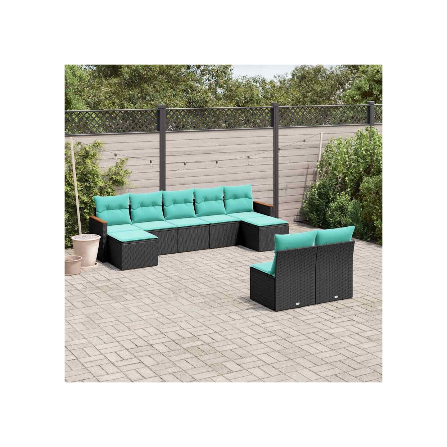 Salon de jardin 9 pcs avec coussins noir résine tressée