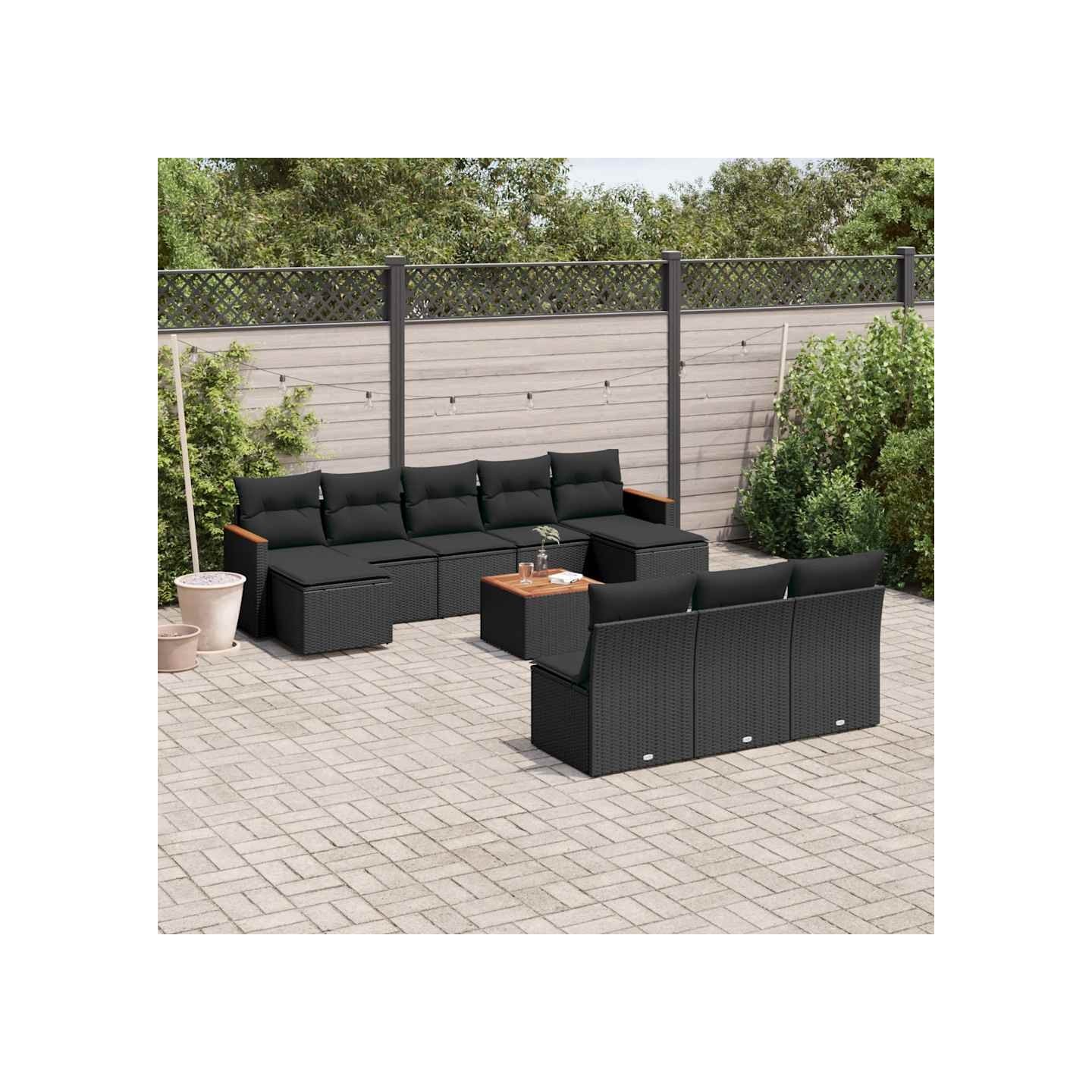 Salon de jardin 11 pcs avec coussins noir résine tressée
