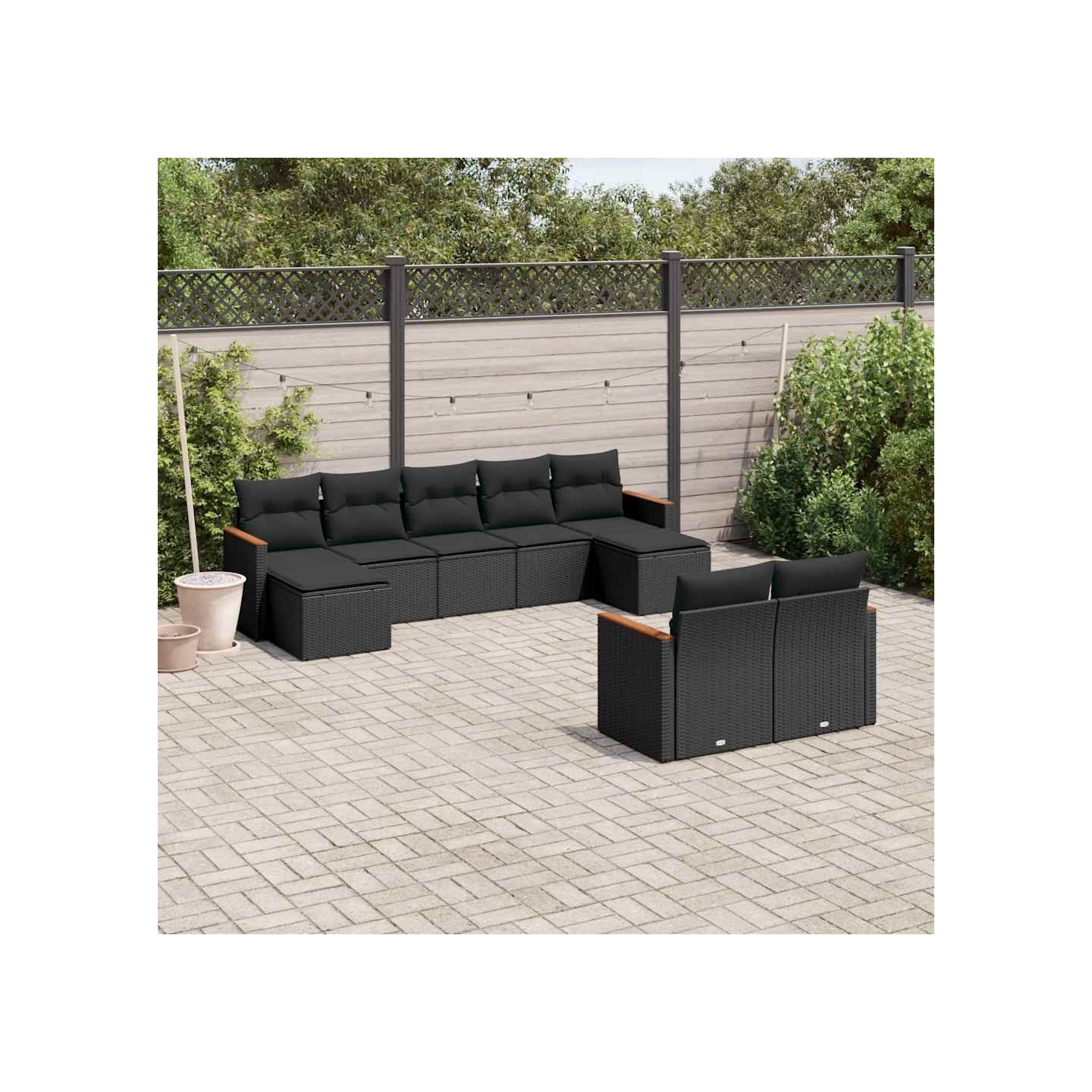 Salon de jardin 9 pcs avec coussins noir résine tressée