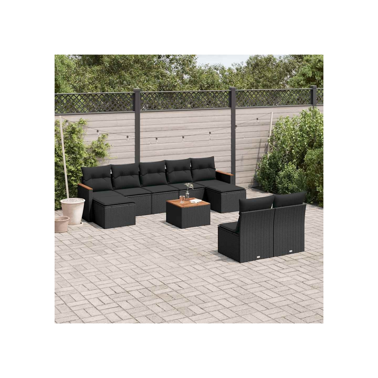 Salon de jardin 10 pcs avec coussins noir résine tressée