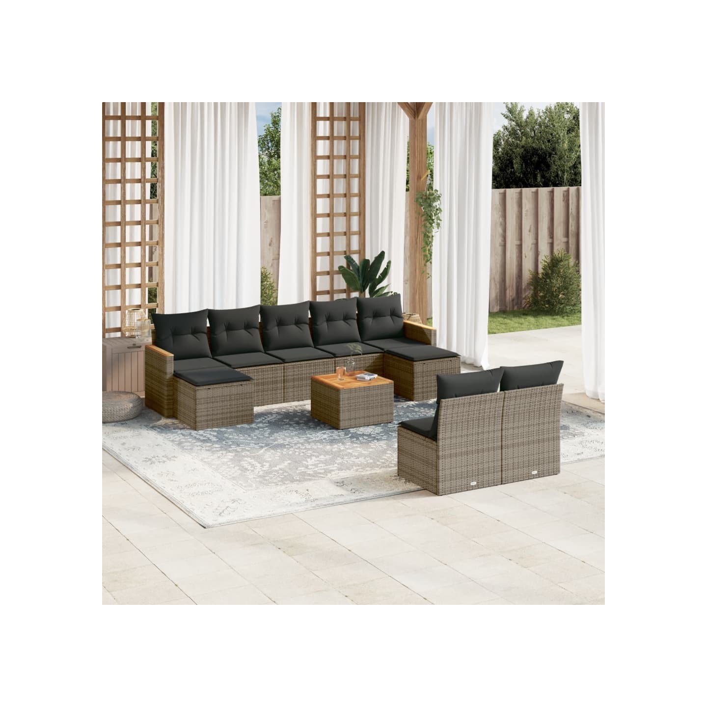 Salon de jardin avec coussins 10 pcs gris résine tressée