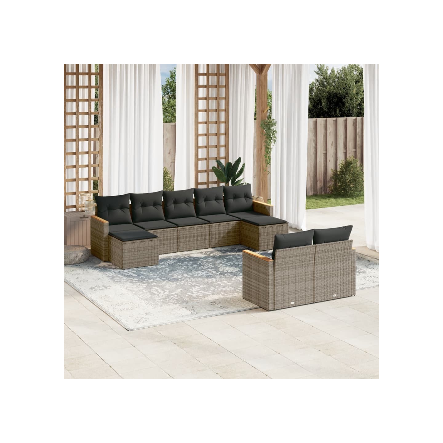 Salon de jardin 9 pcs avec coussins gris résine tressée