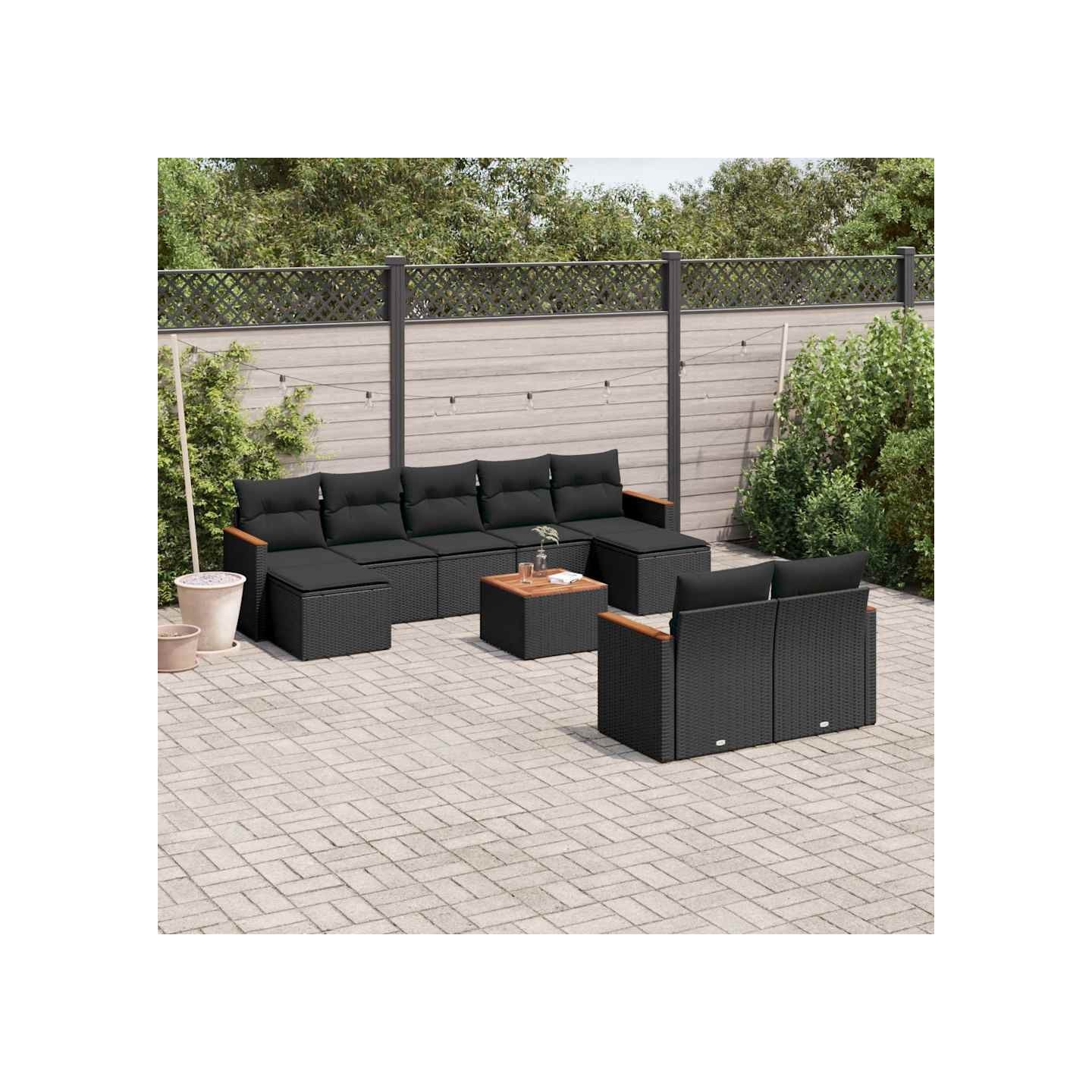 Salon de jardin 10 pcs avec coussins noir résine tressée