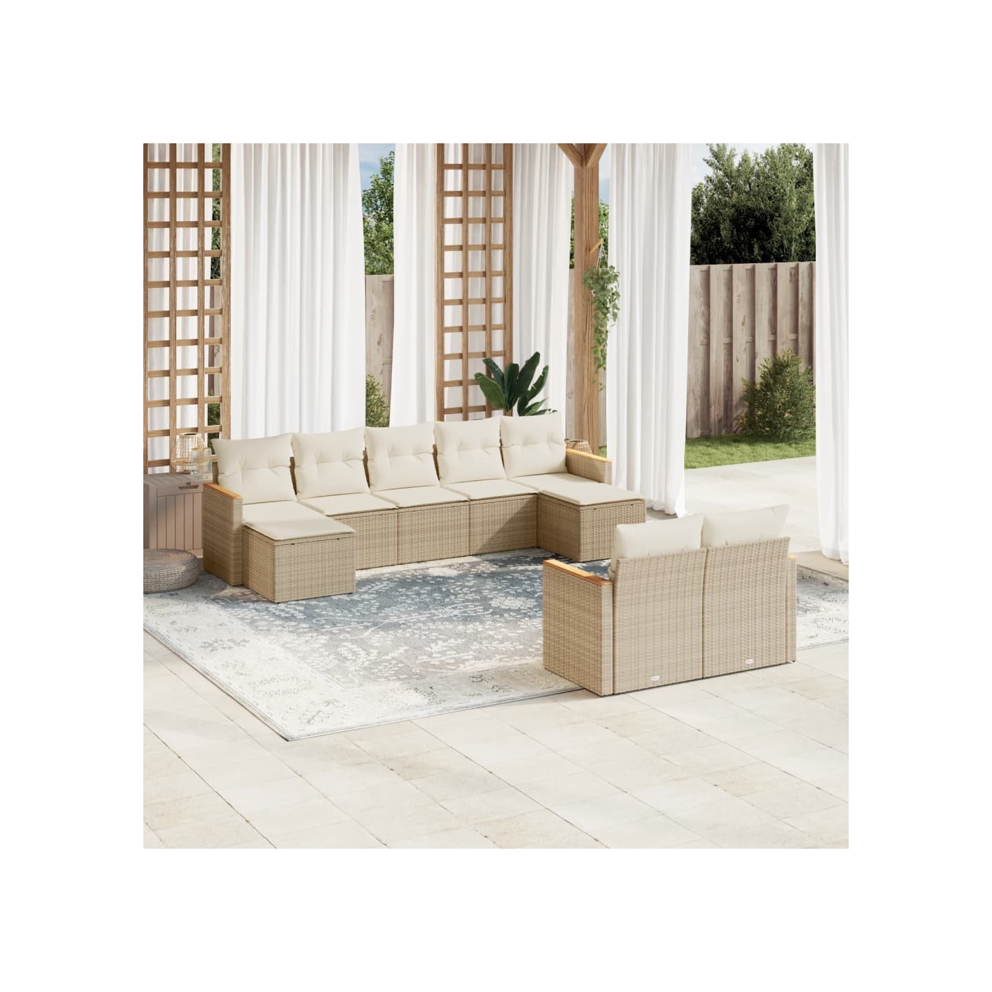 Salon de jardin avec coussins 9 pcs beige résine tressée