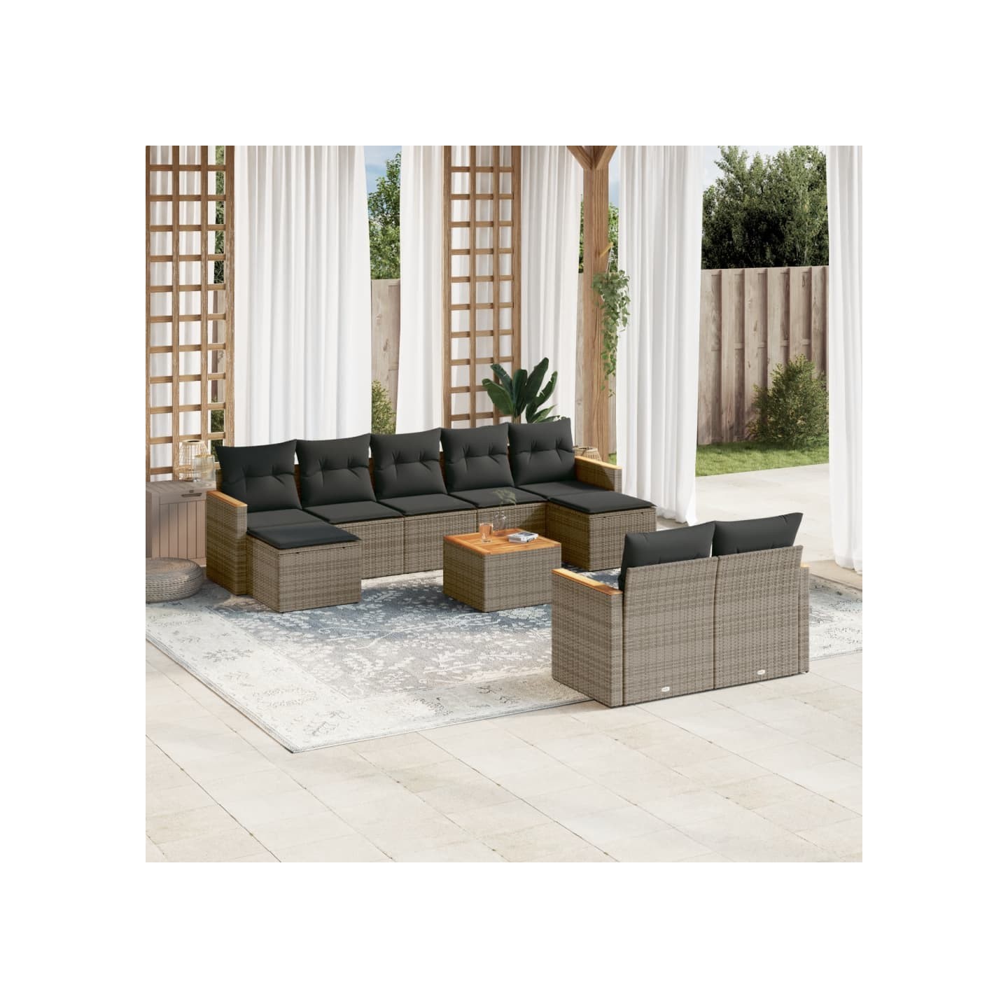 Salon de jardin avec coussins 10 pcs gris résine tressée