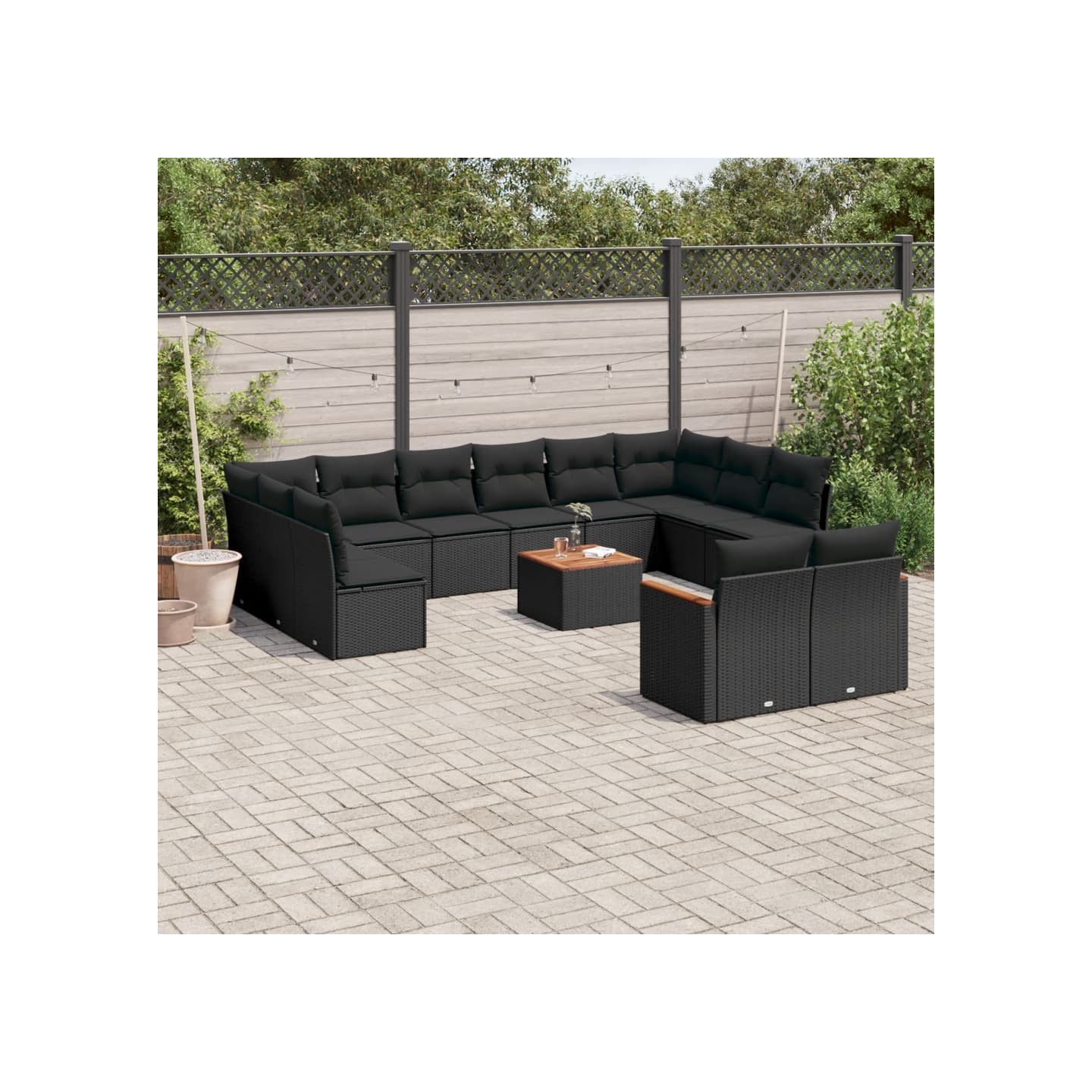 Salon de jardin avec coussins 13 pcs noir résine tressée