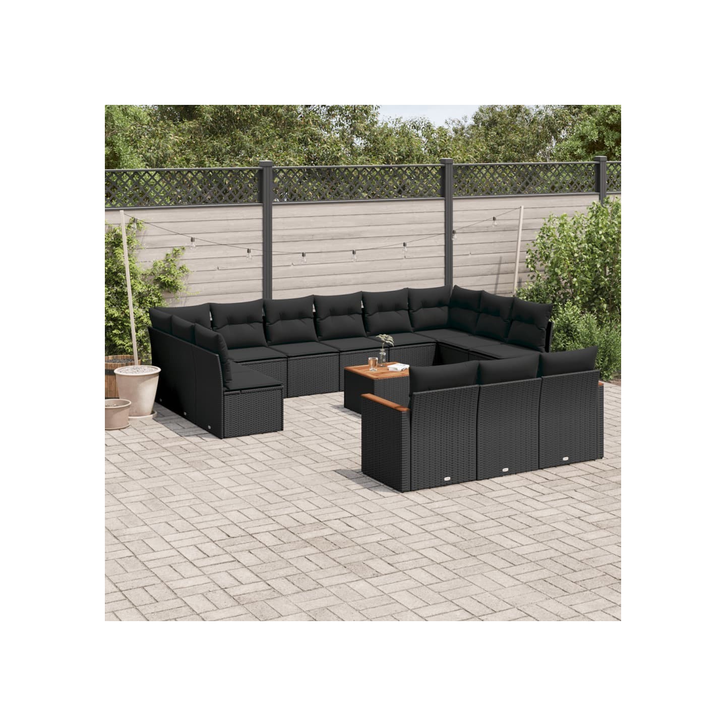 Salon de jardin avec coussins 14 pcs noir résine tressée