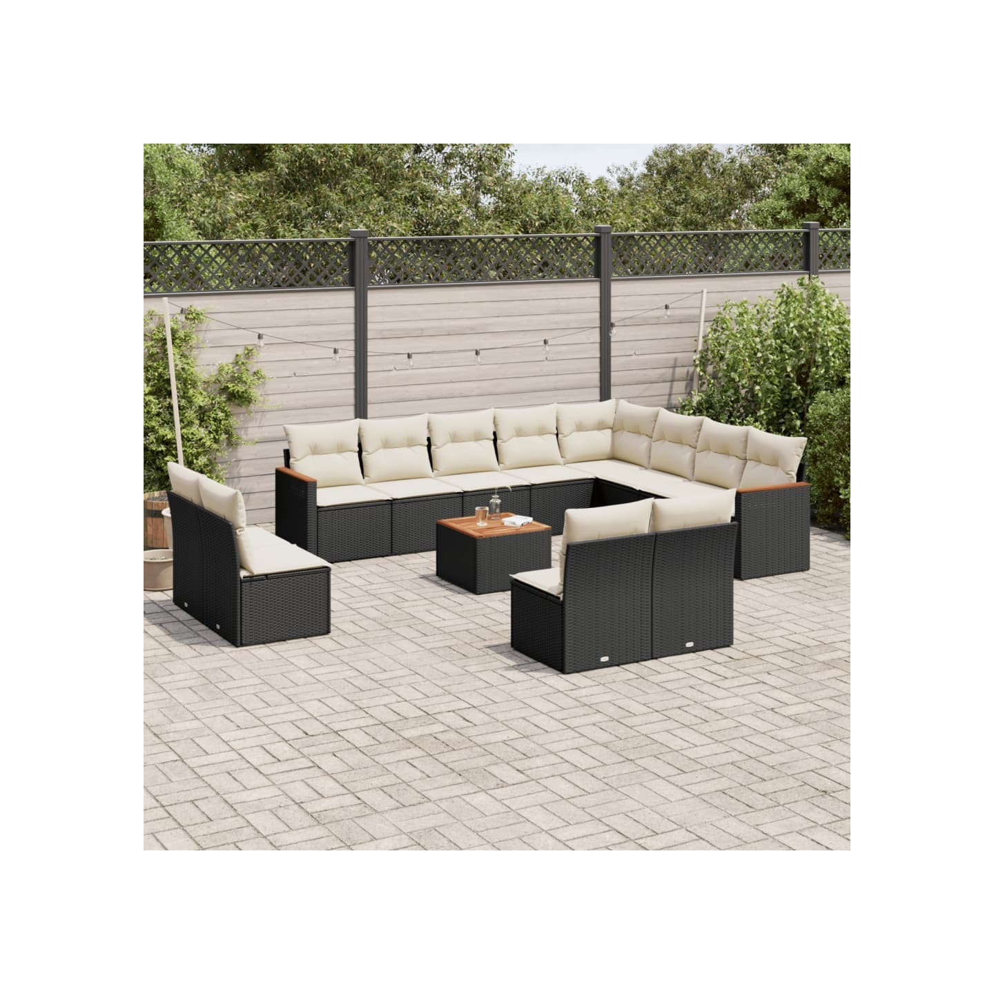 Salon de jardin avec coussins 13 pcs noir résine tressée