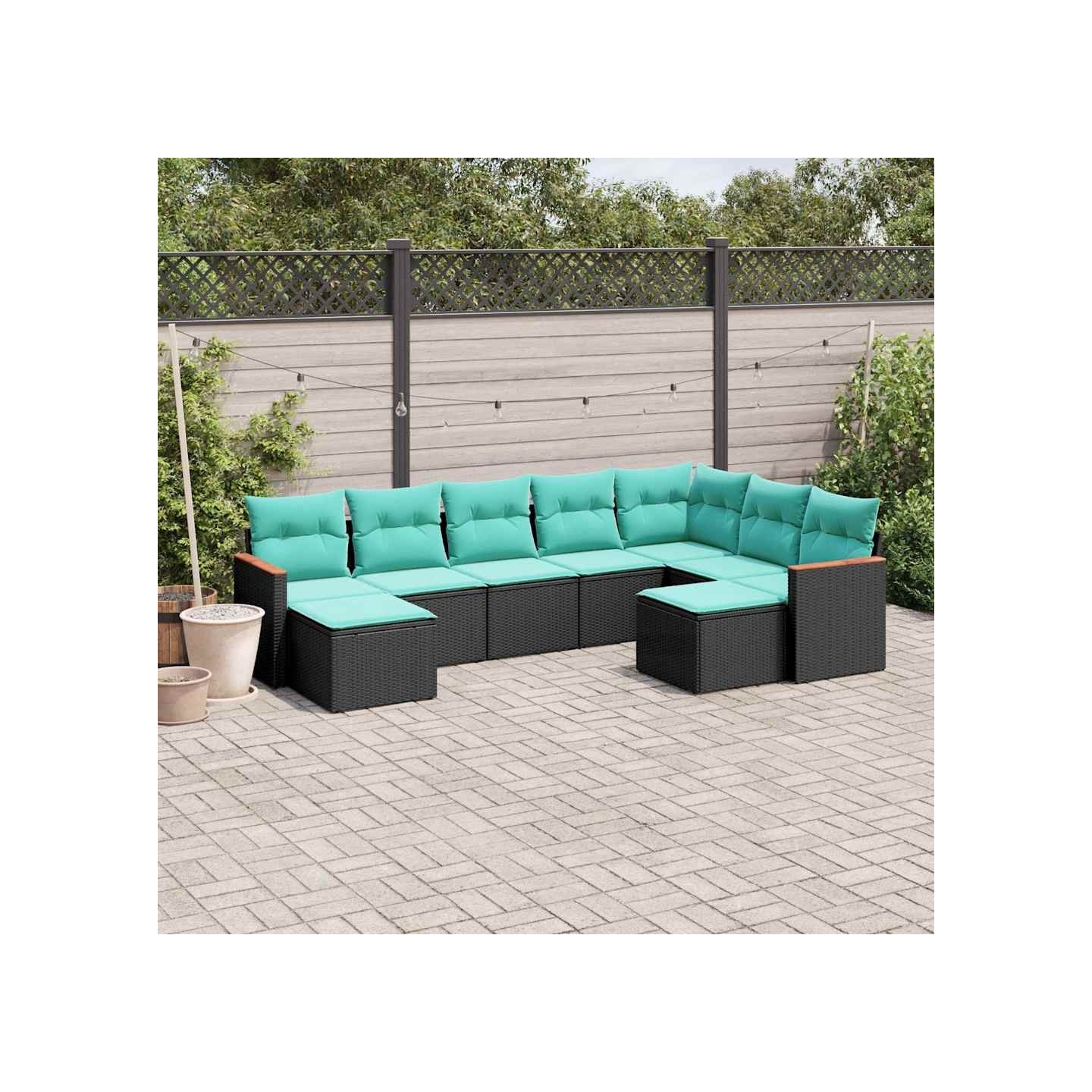 Salon de jardin 9 pcs avec coussins noir résine tressée
