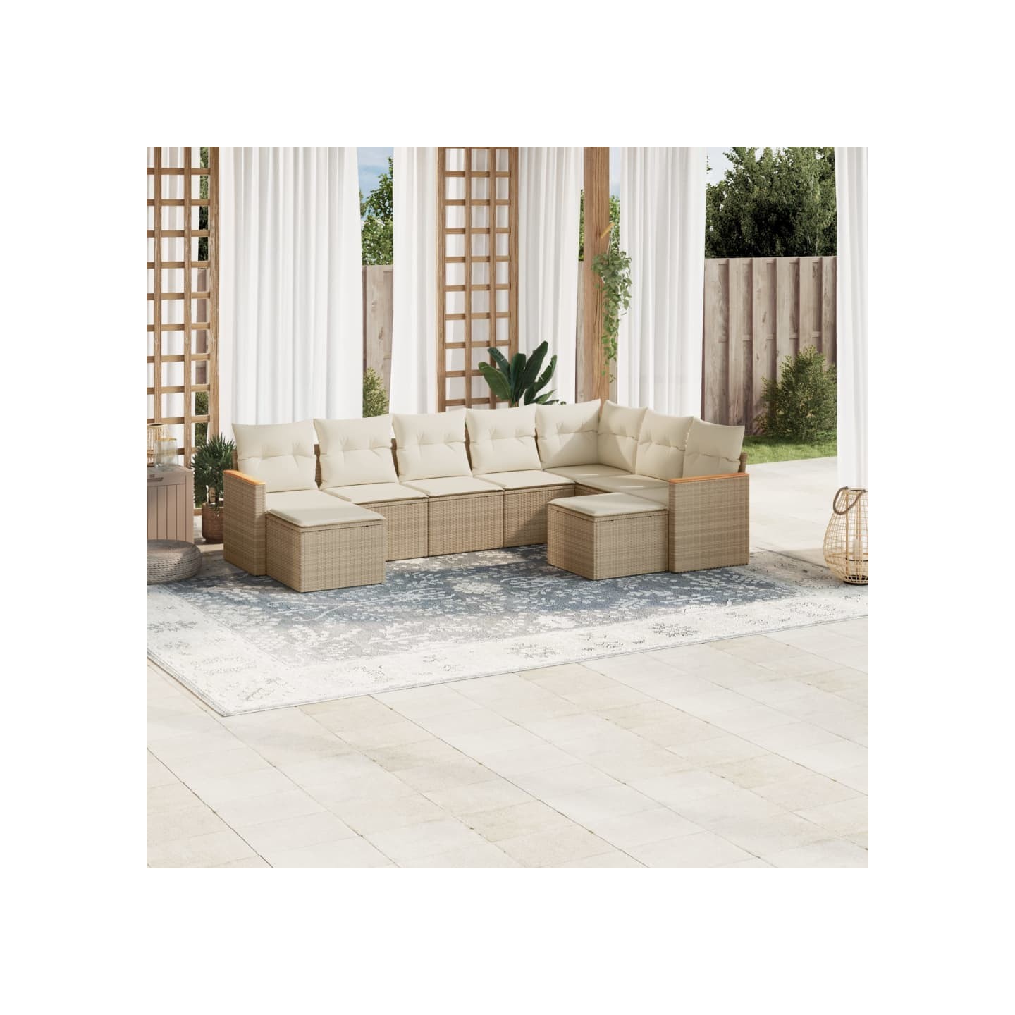 Salon de jardin avec coussins 9 pcs beige résine tressée