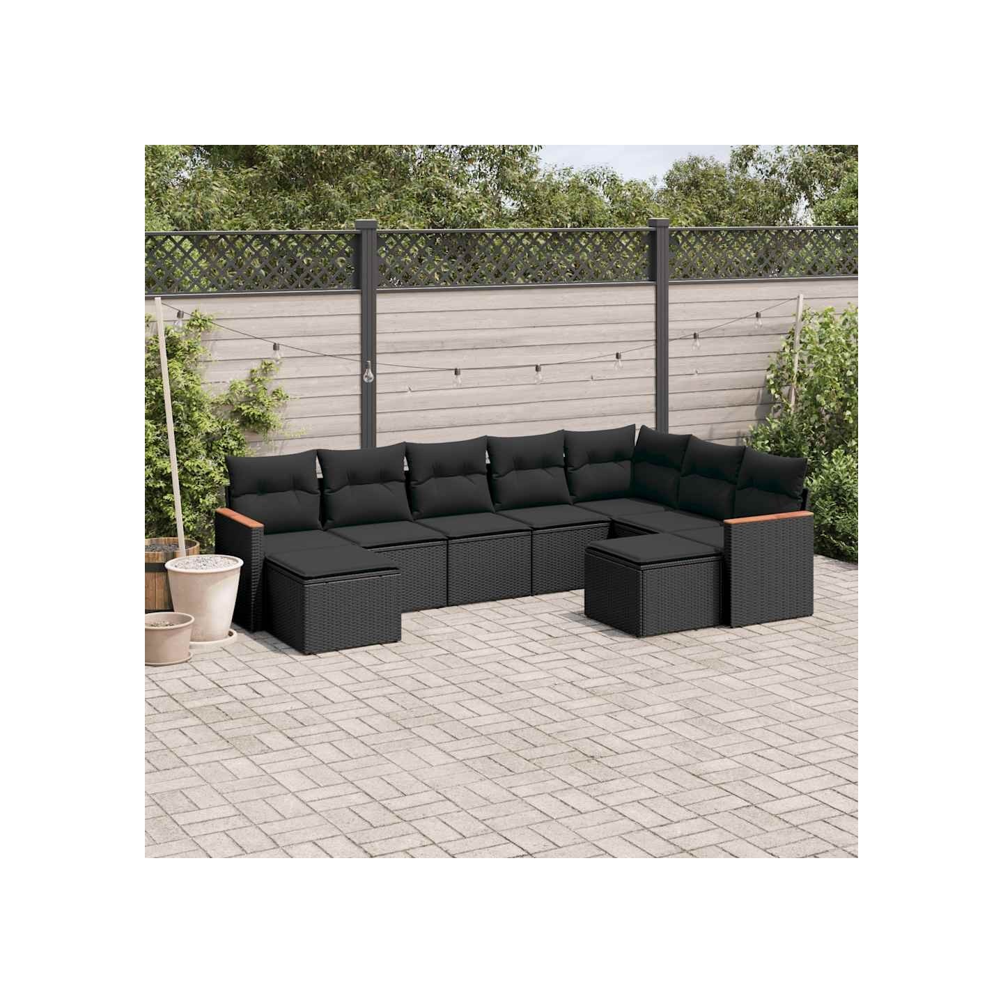 Salon de jardin 9 pcs avec coussins noir résine tressée