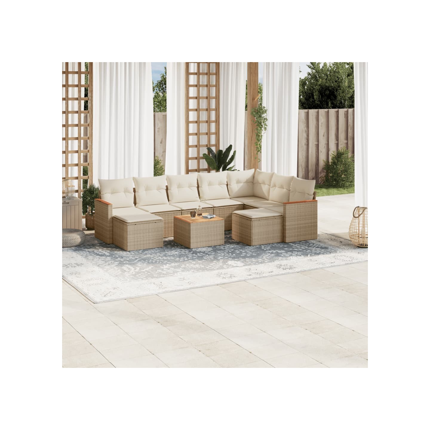 Salon de jardin avec coussins 10 pcs beige résine tressée