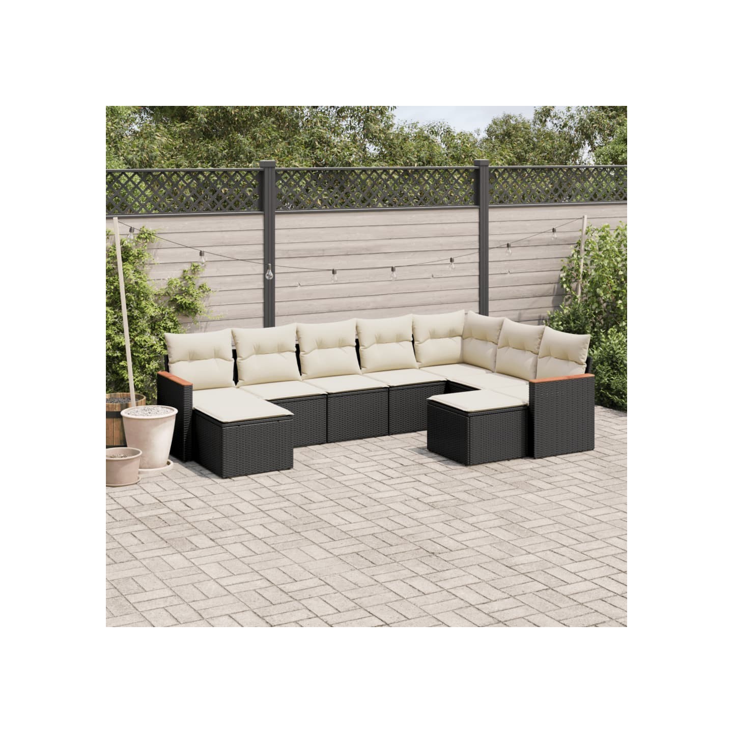 Salon de jardin 9 pcs avec coussins noir résine tressée
