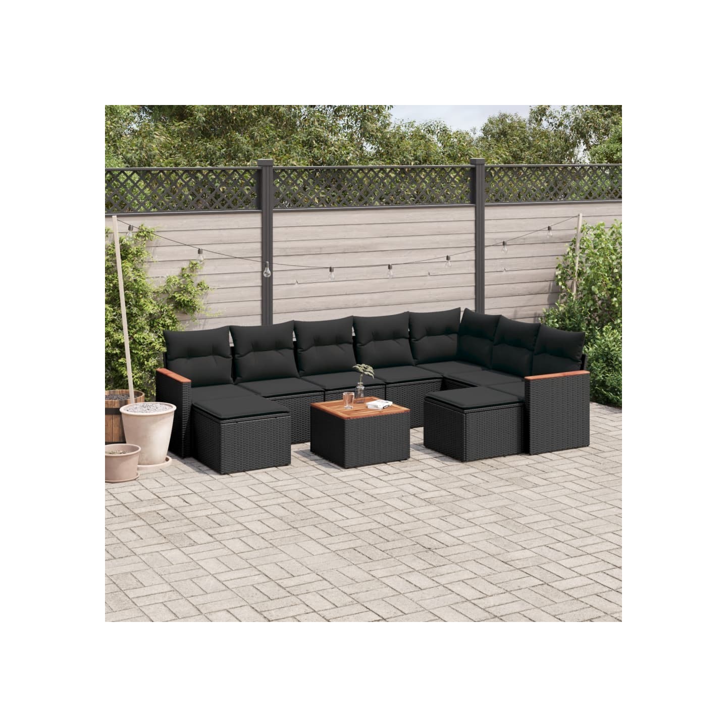 Salon de jardin 10 pcs avec coussins noir résine tressée