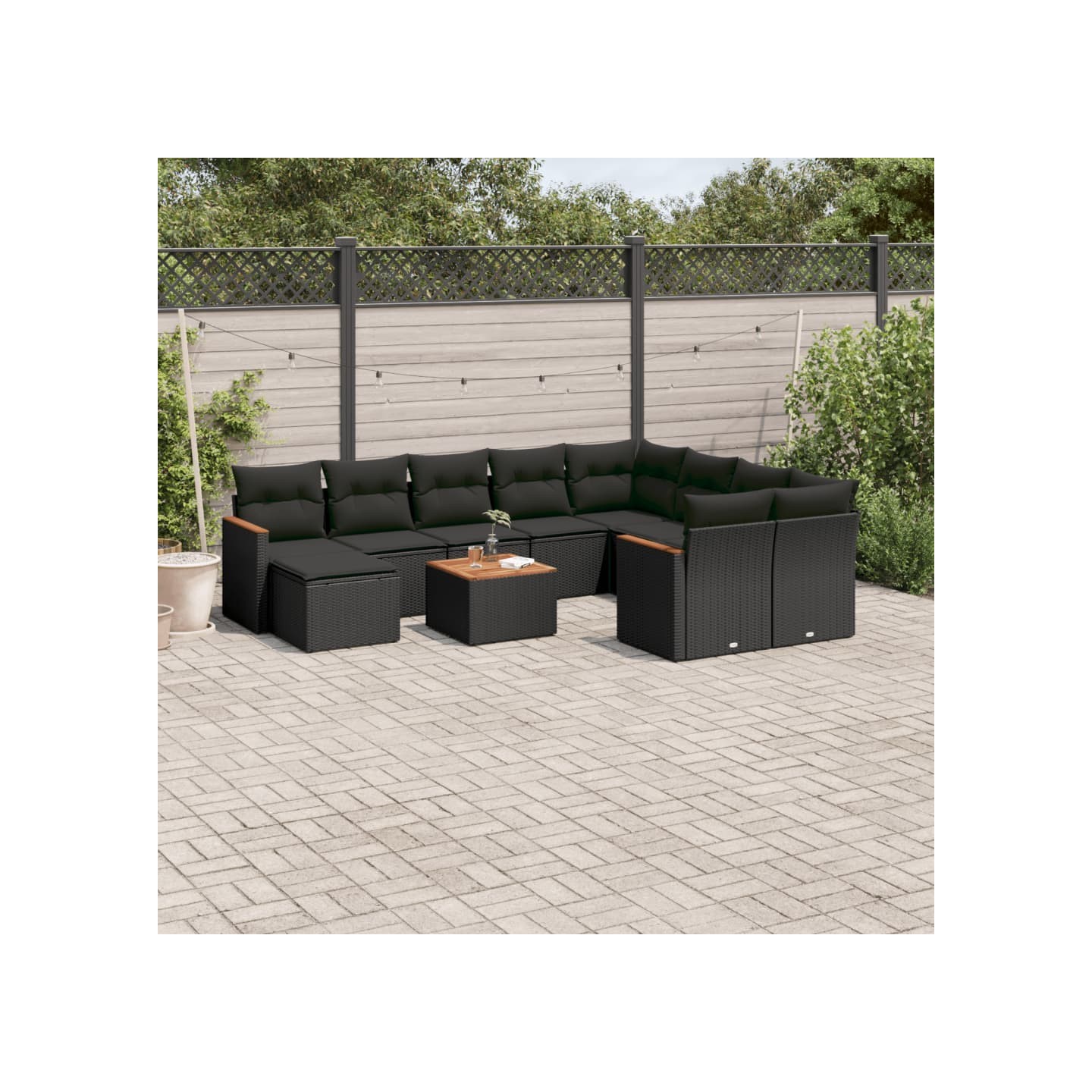 Salon de jardin 11 pcs avec coussins noir résine tressée