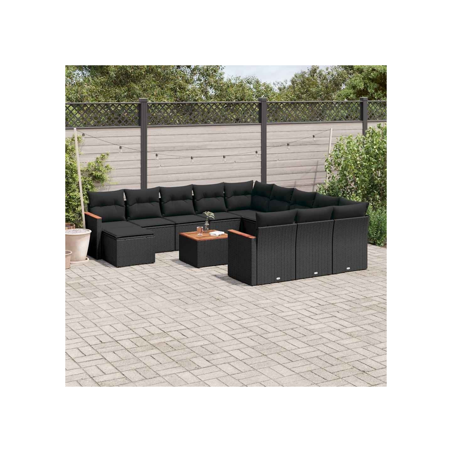 Salon de jardin avec coussins 13 pcs noir résine tressée