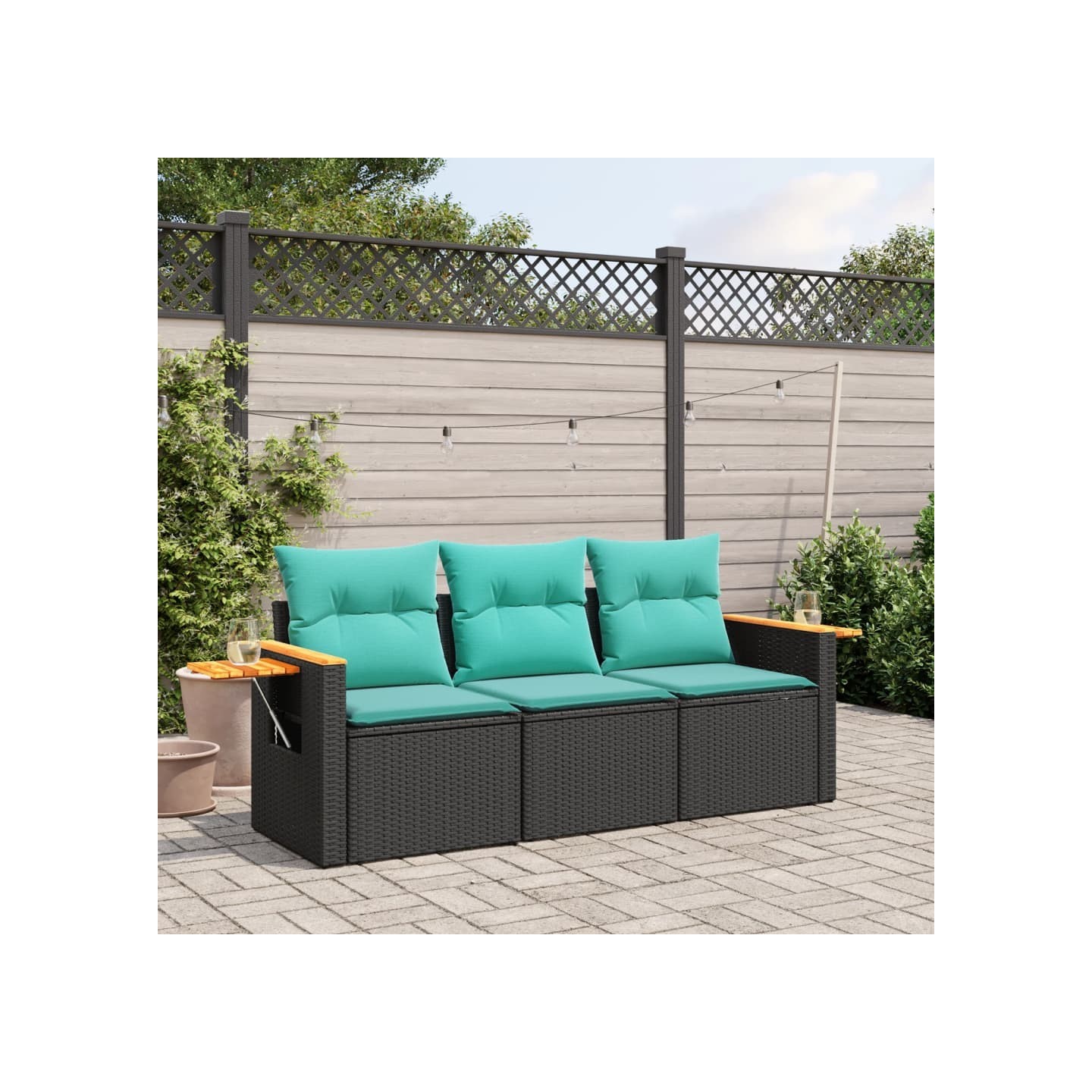 Salon de jardin 3 pcs avec coussins noir résine tressée