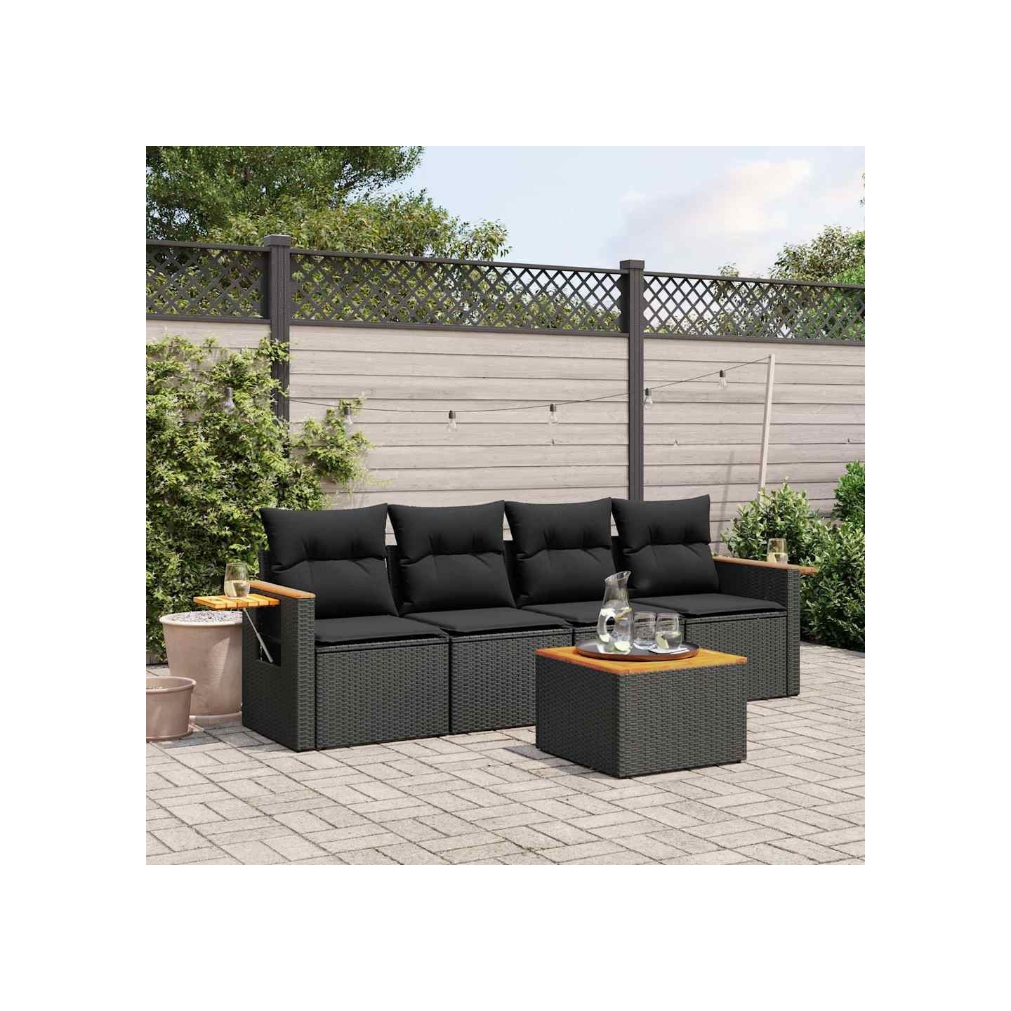 Salon de jardin 5 pcs avec coussins noir résine tressée