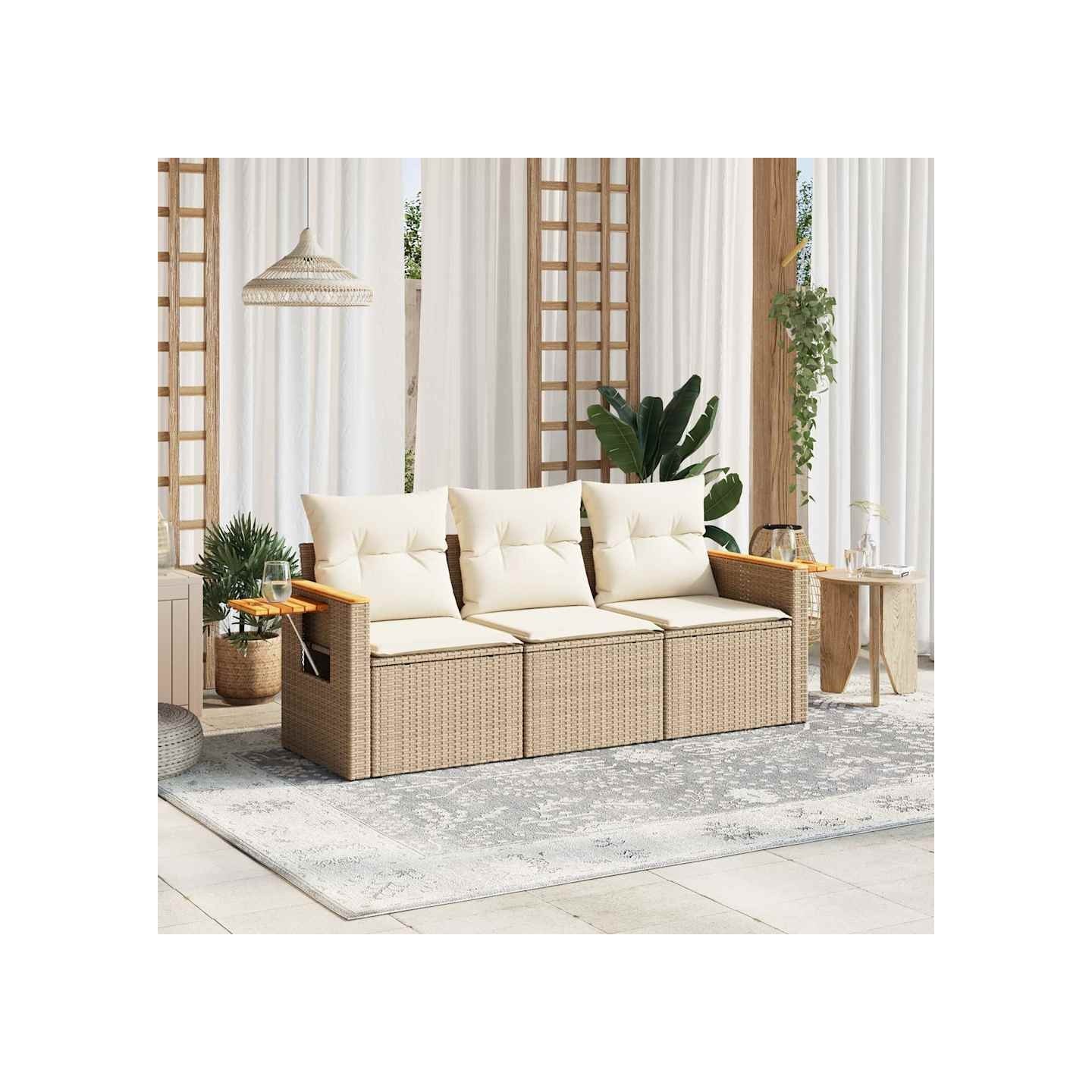 Salon de jardin avec coussins 3 pcs beige résine tressée