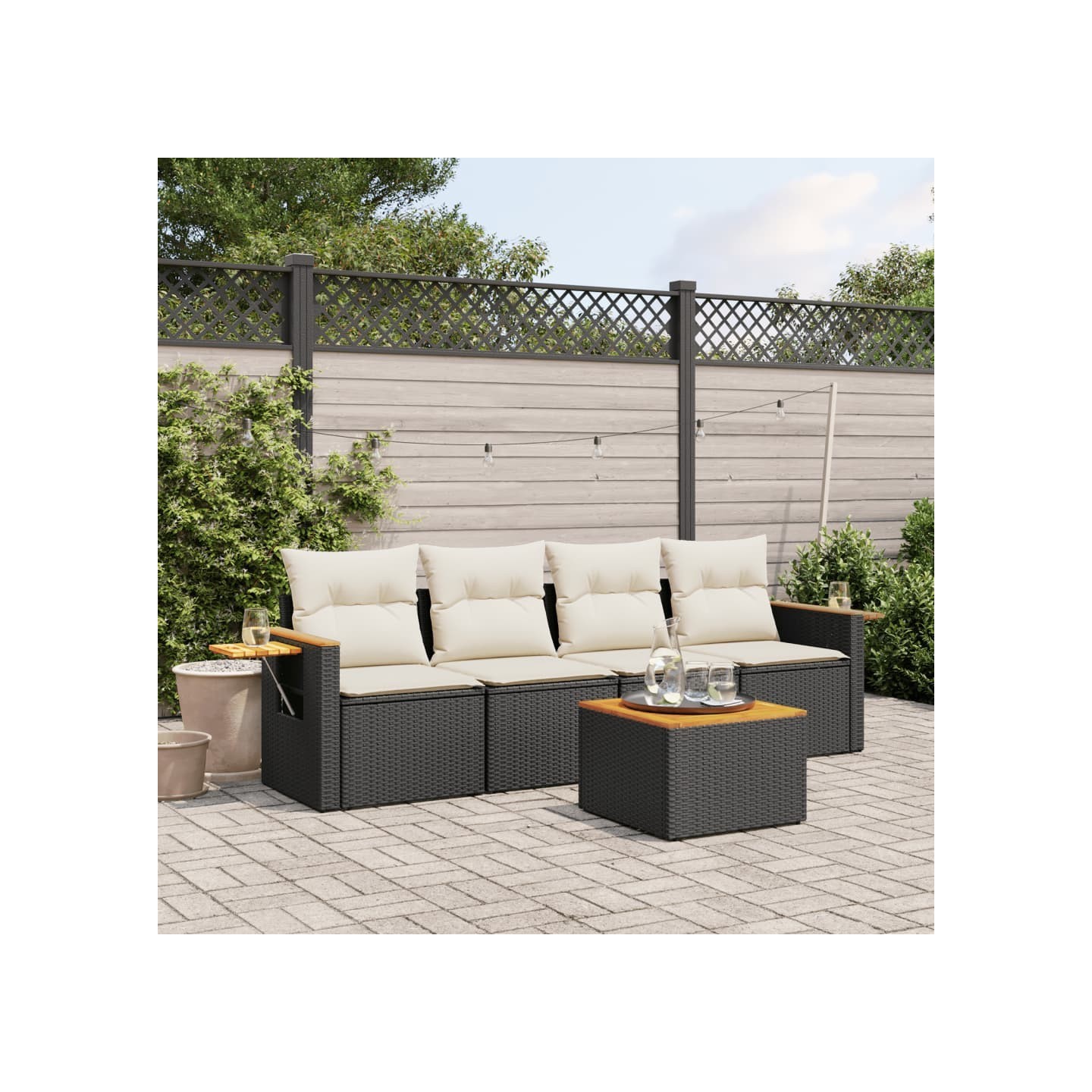 Salon de jardin 5 pcs avec coussins noir résine tressée