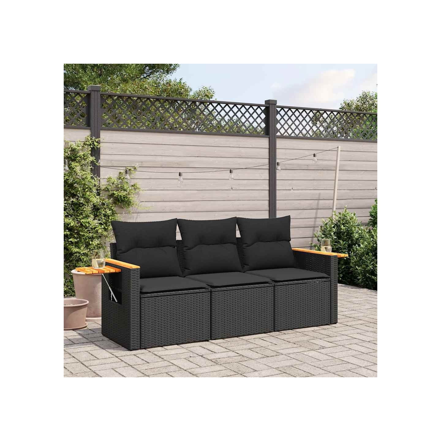 Salon de jardin 3 pcs avec coussins noir résine tressée