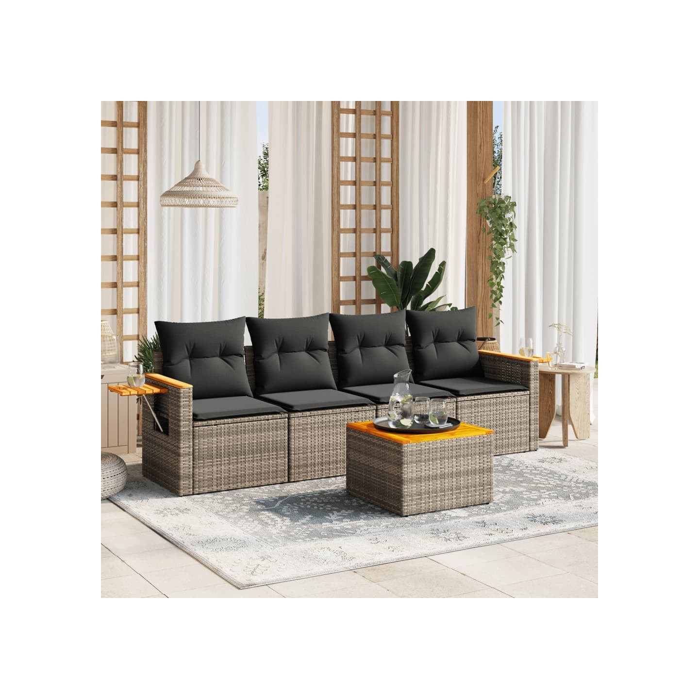 Salon de jardin 5 pcs avec coussins gris résine tressée