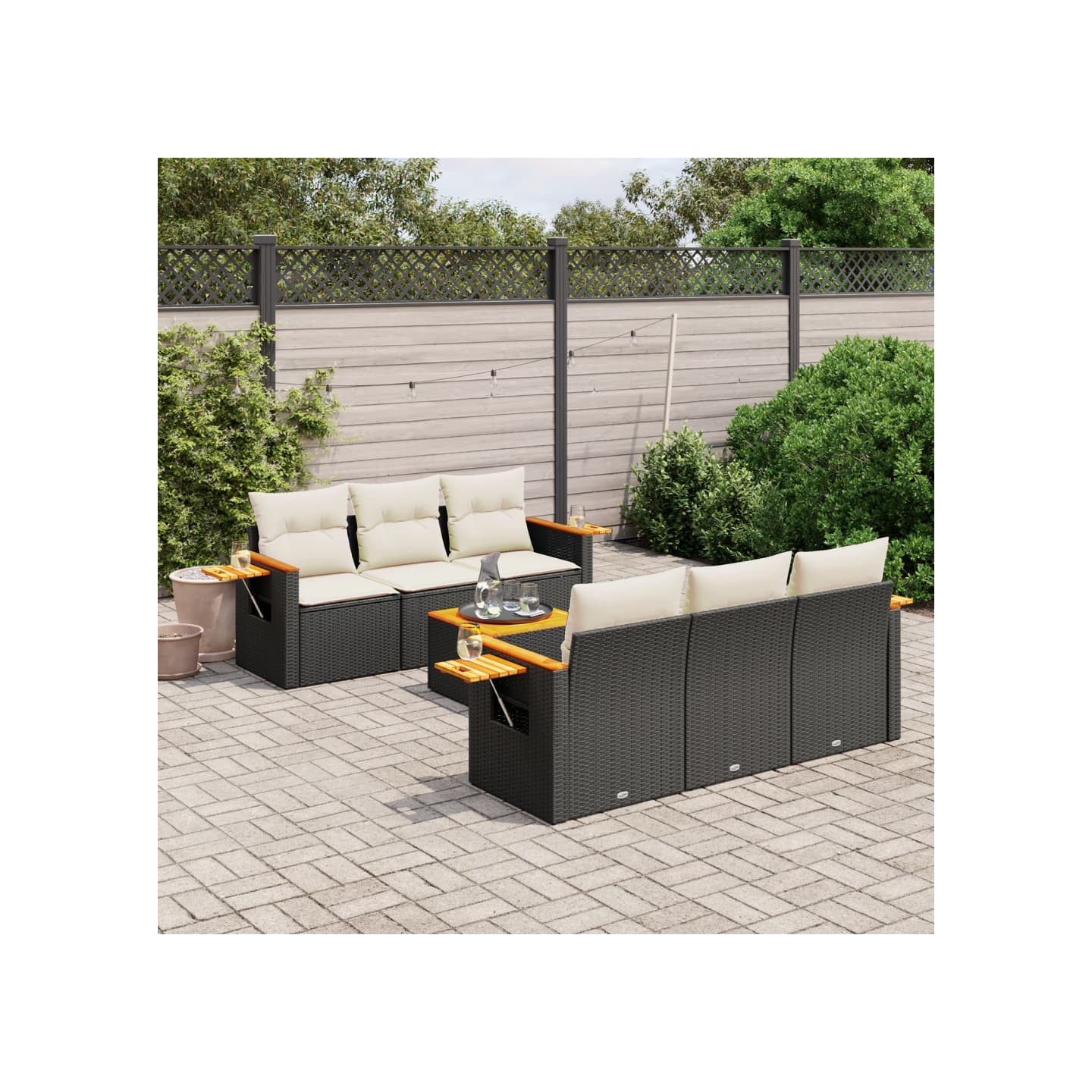 Salon de jardin 7 pcs avec coussins noir résine tressée