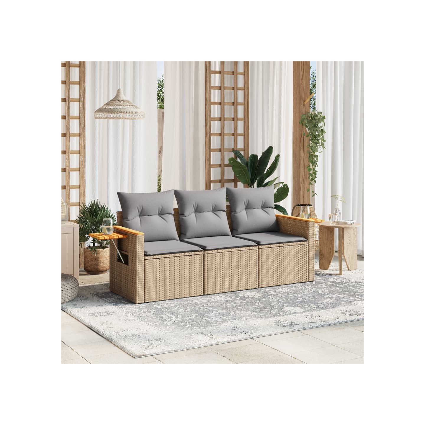 Salon de jardin avec coussins 3 pcs beige résine tressée