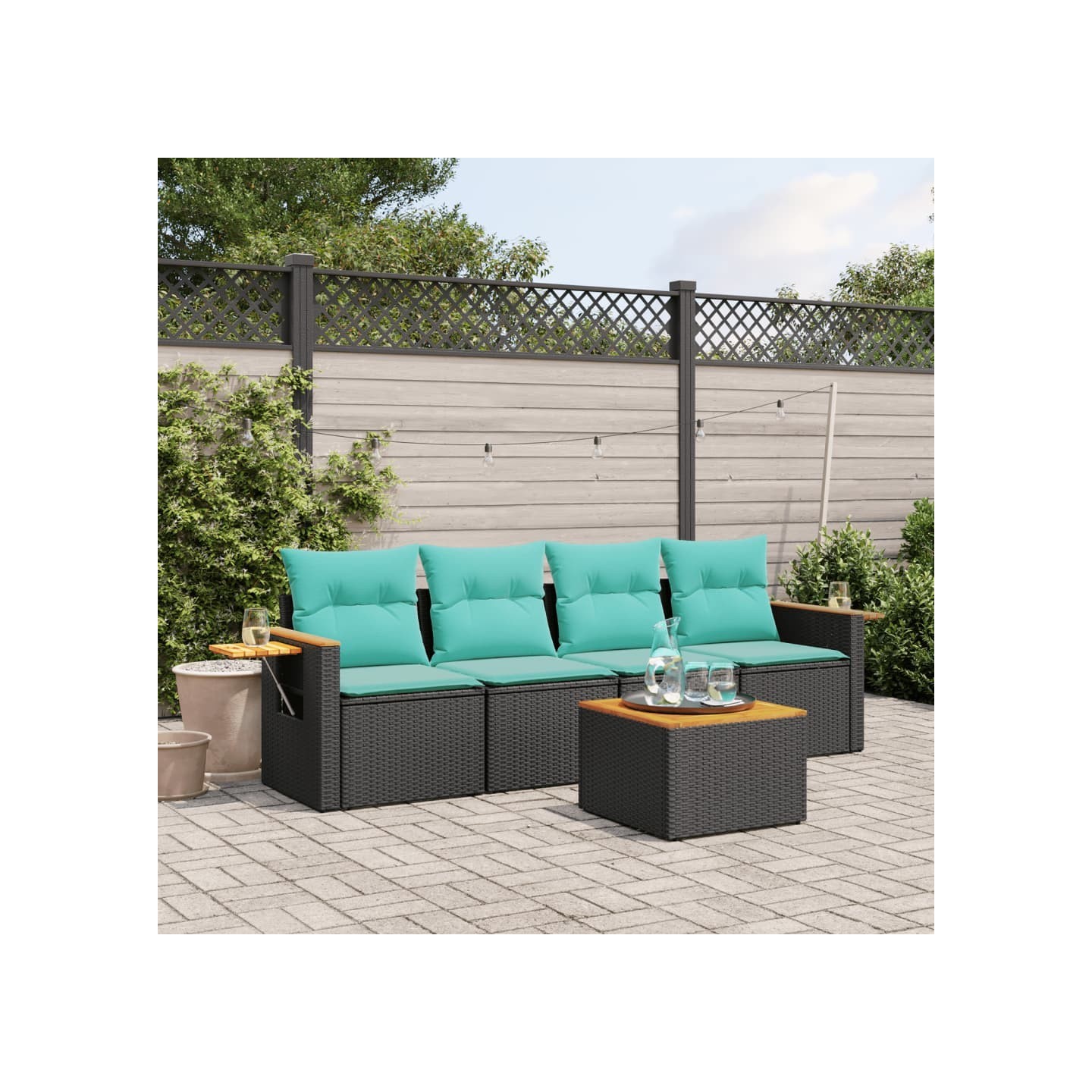 Salon de jardin 5 pcs avec coussins noir résine tressée