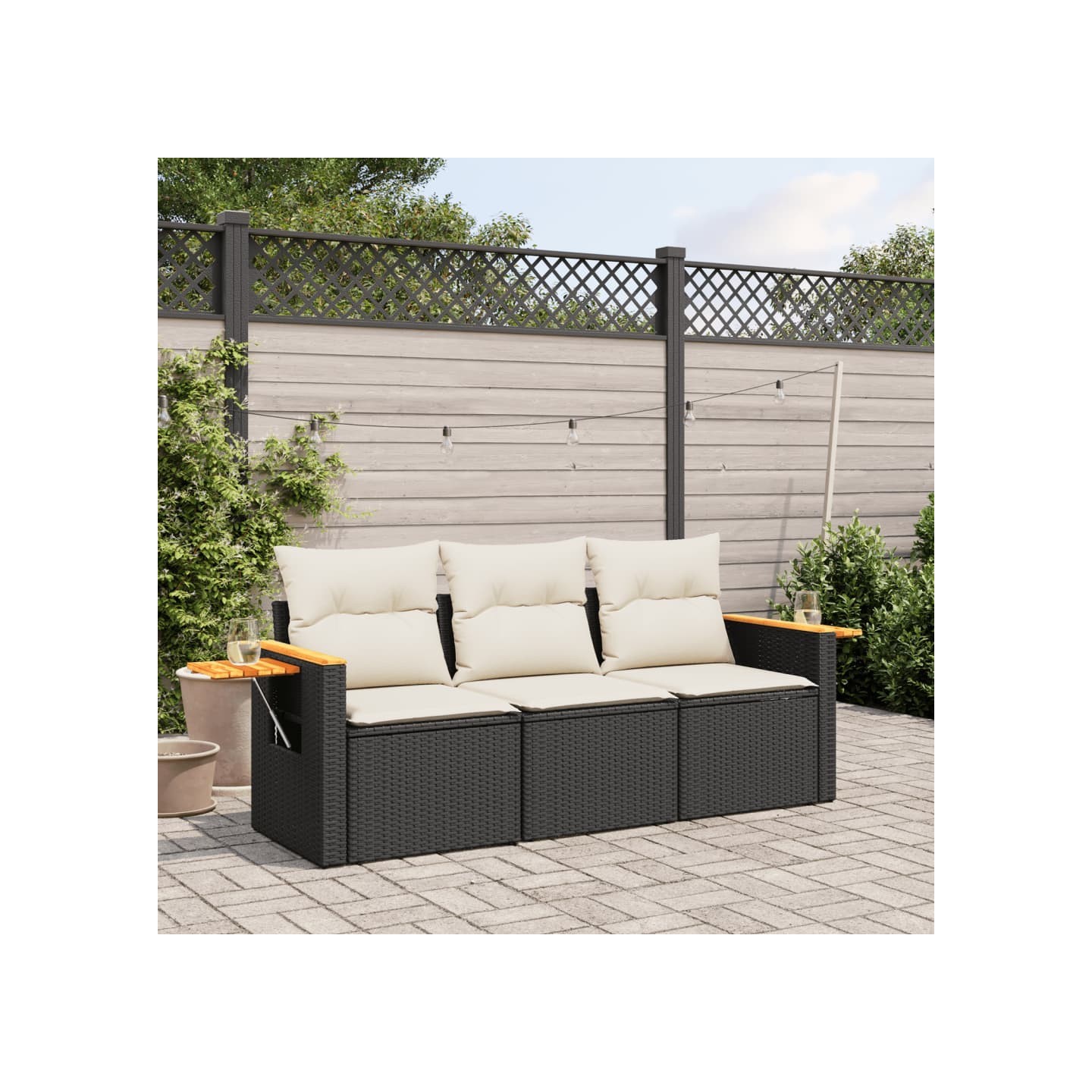 Salon de jardin 3 pcs avec coussins noir résine tressée