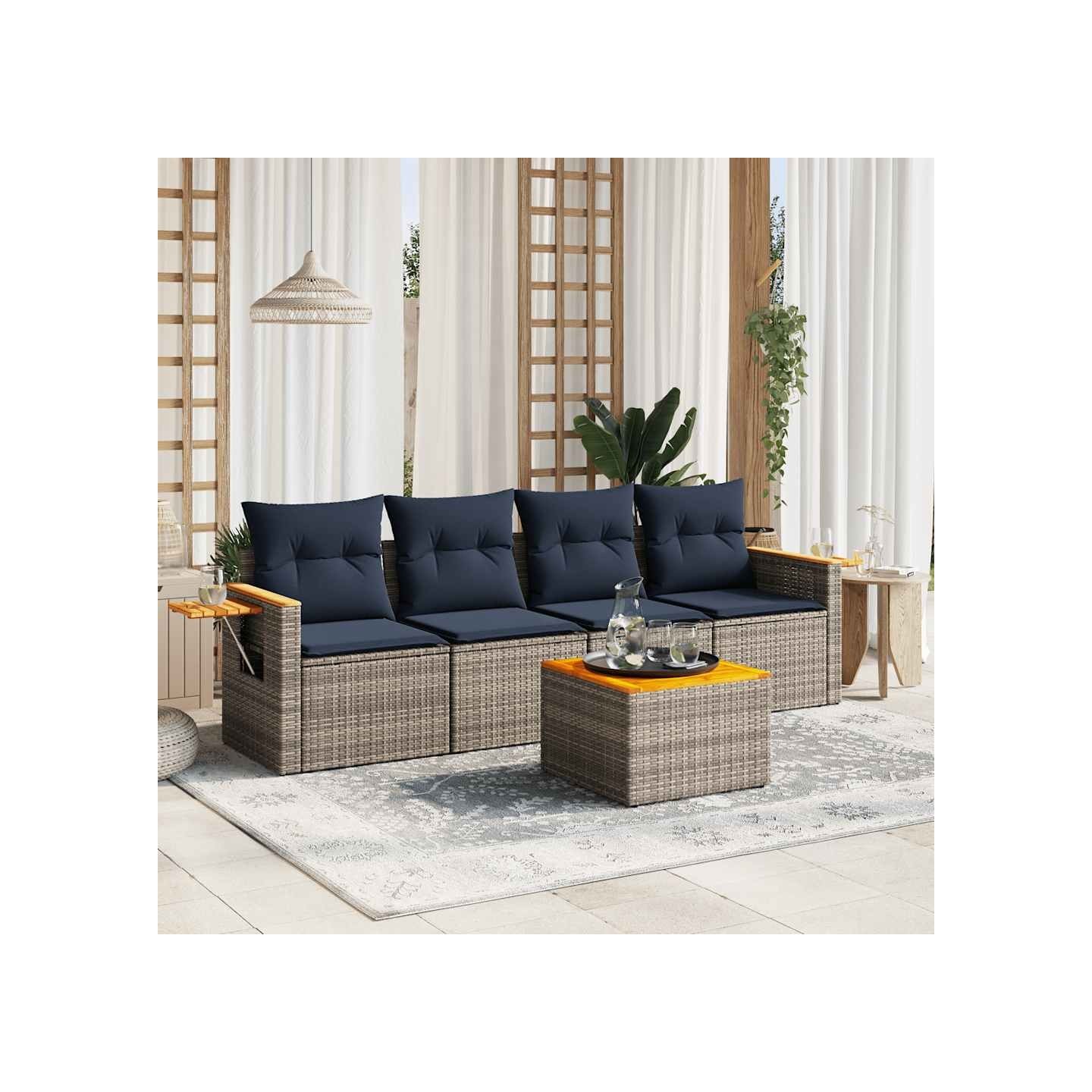 Salon de jardin 5 pcs avec coussins gris résine tressée