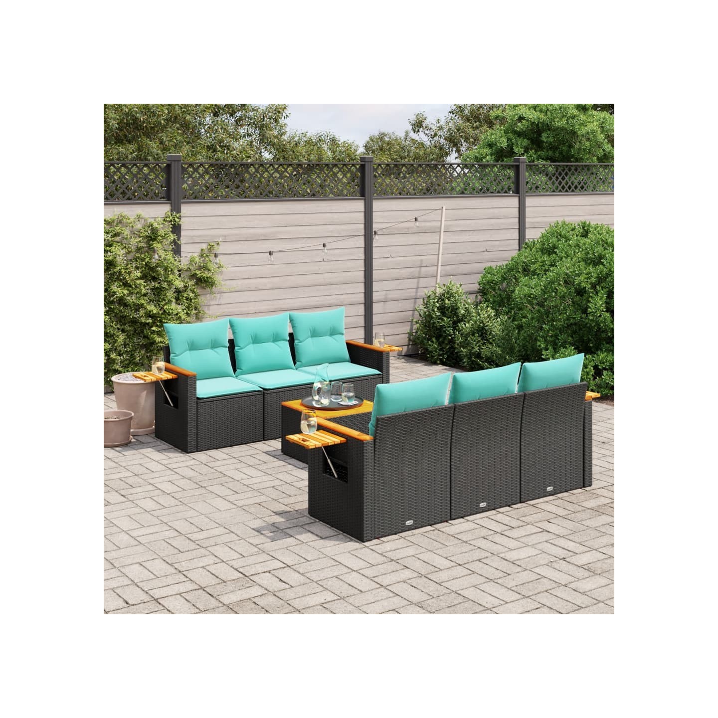 Salon de jardin 7 pcs avec coussins noir résine tressée