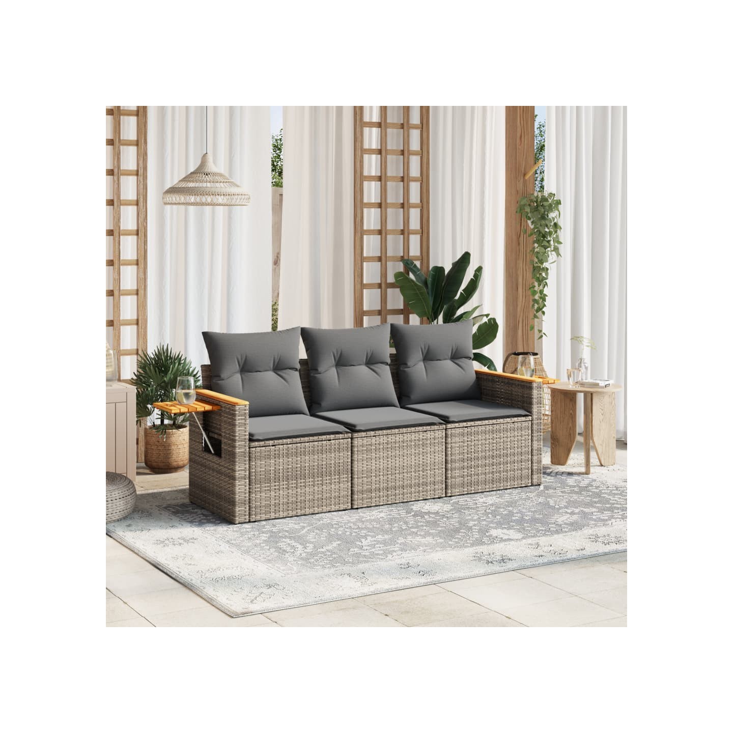 Salon de jardin avec coussins 3 pcs gris résine tressée