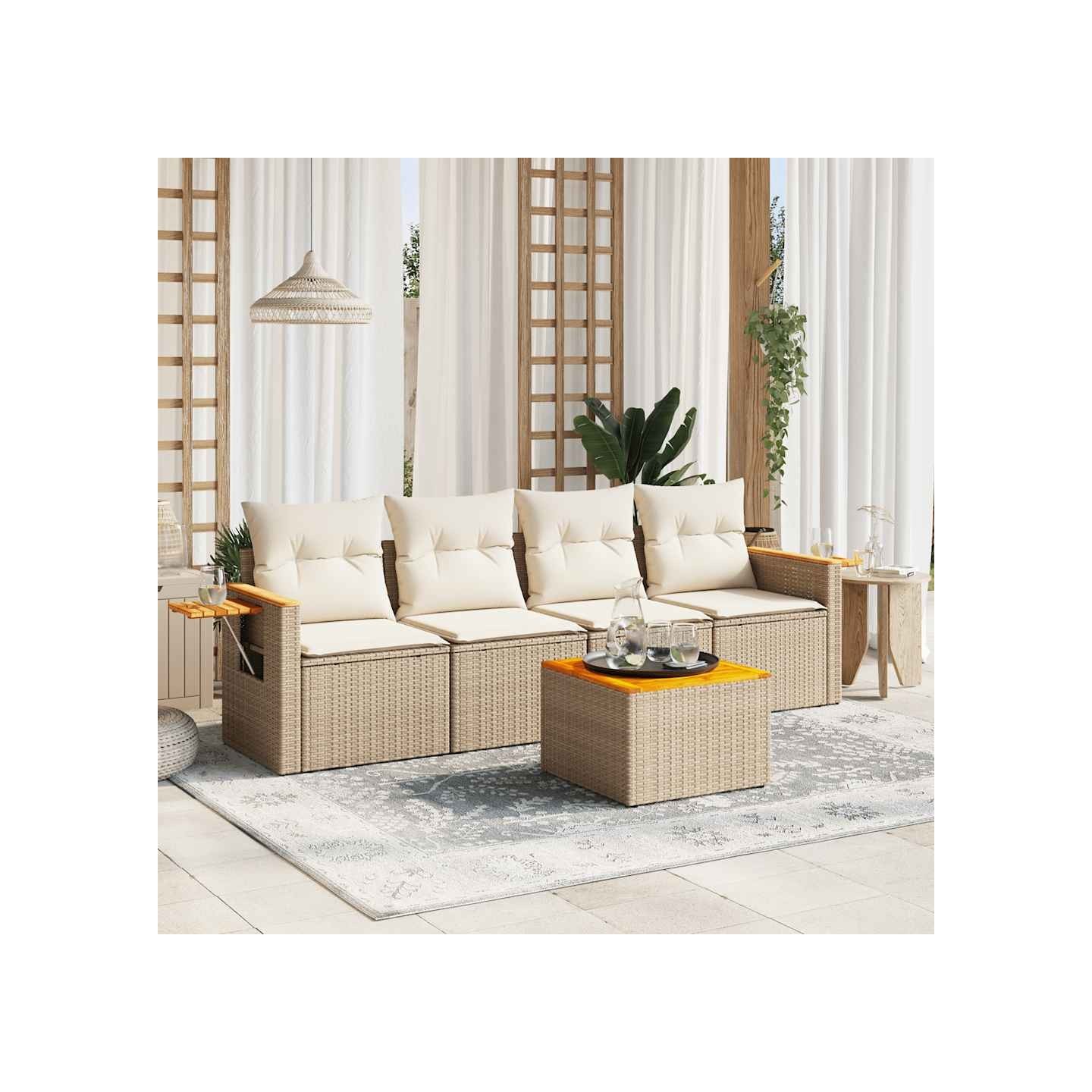 Salon de jardin avec coussins 5 pcs beige résine tressée