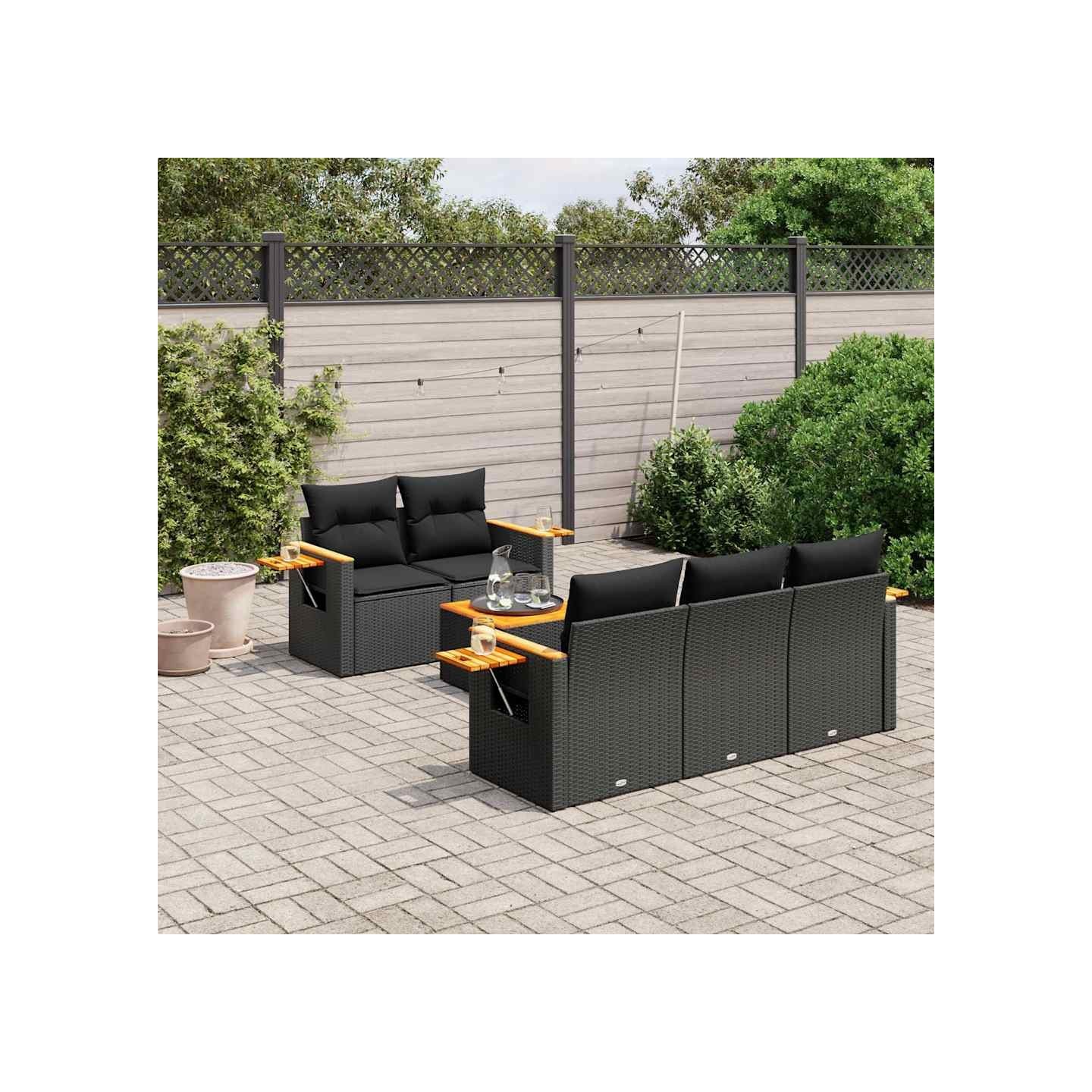 Salon de jardin 6 pcs avec coussins noir résine tressée