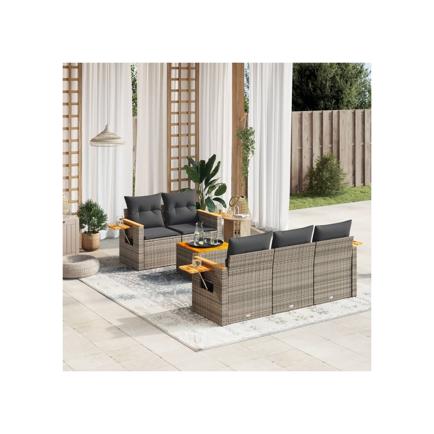 Salon de jardin 6 pcs avec coussins gris résine tressée
