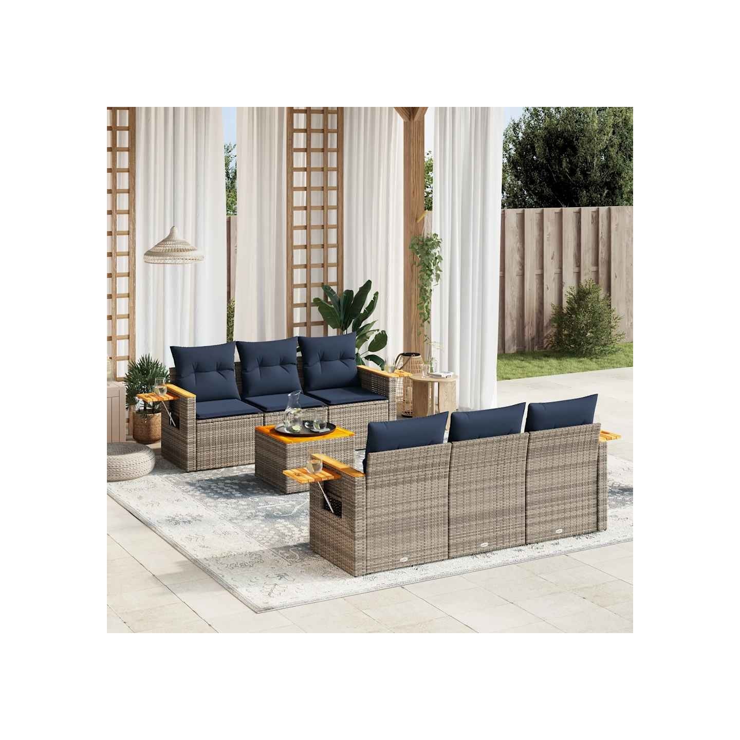 Salon de jardin 7 pcs avec coussins gris résine tressée