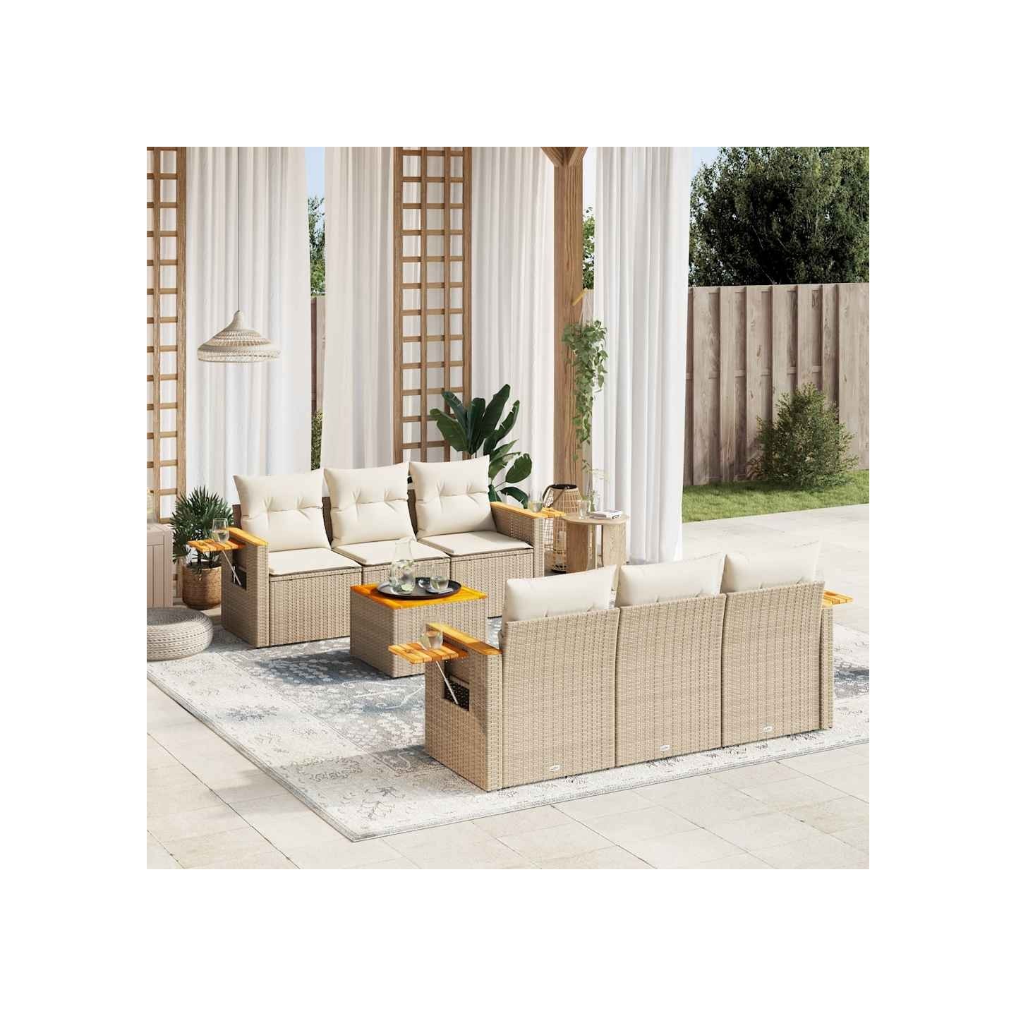 Salon de jardin avec coussins 7 pcs beige résine tressée