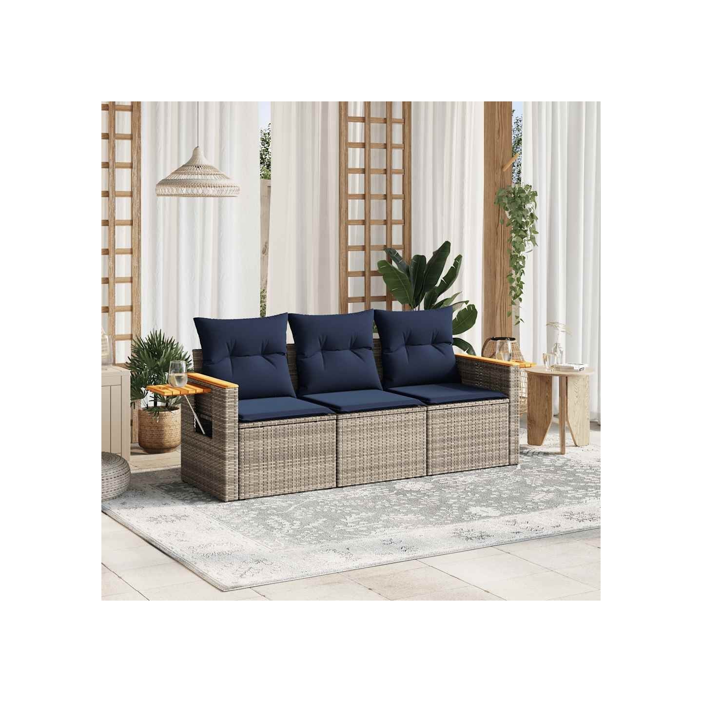 Salon de jardin avec coussins 3 pcs gris résine tressée