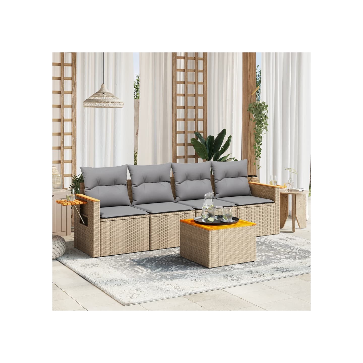 Salon de jardin avec coussins 5 pcs beige résine tressée