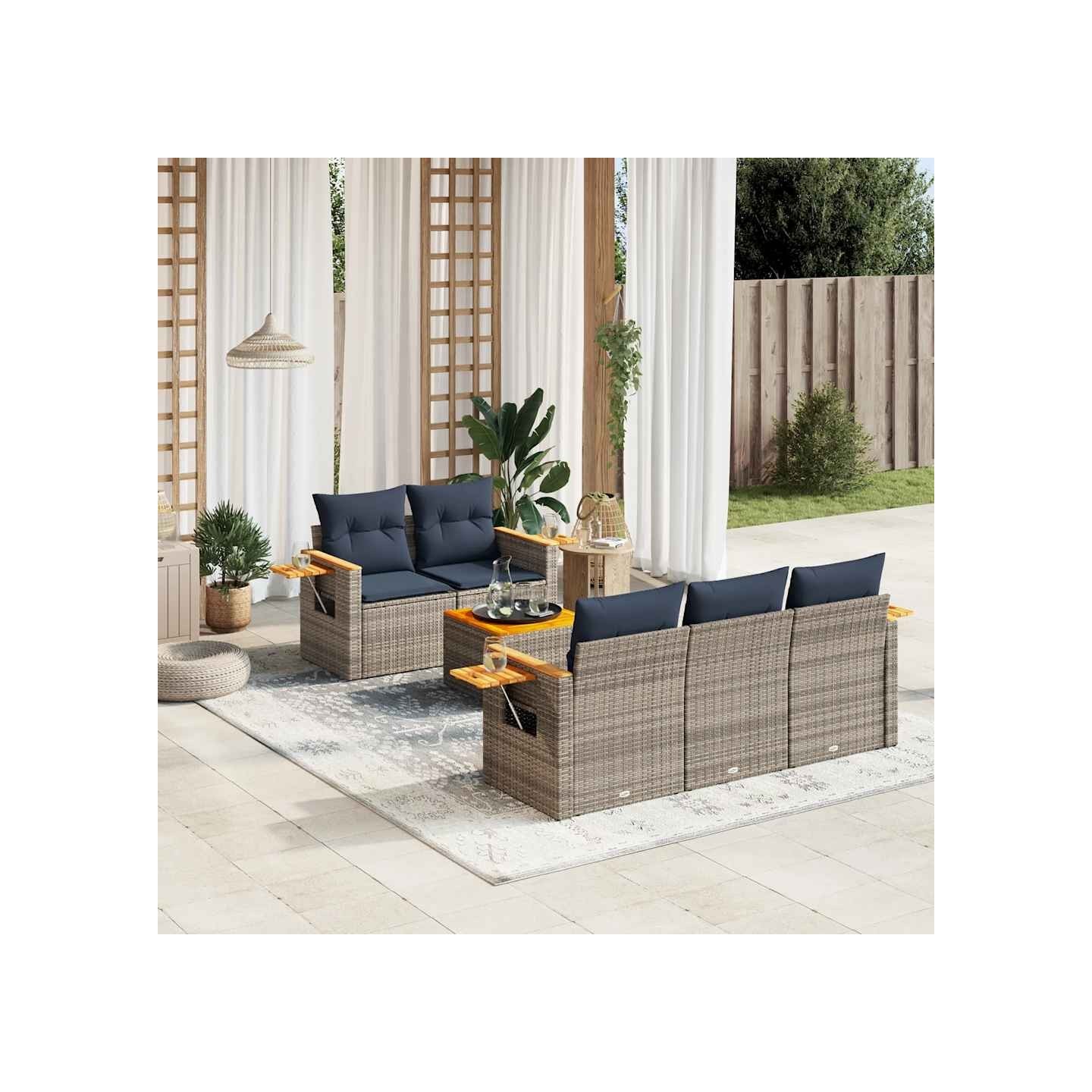 Salon de jardin 6 pcs avec coussins gris résine tressée