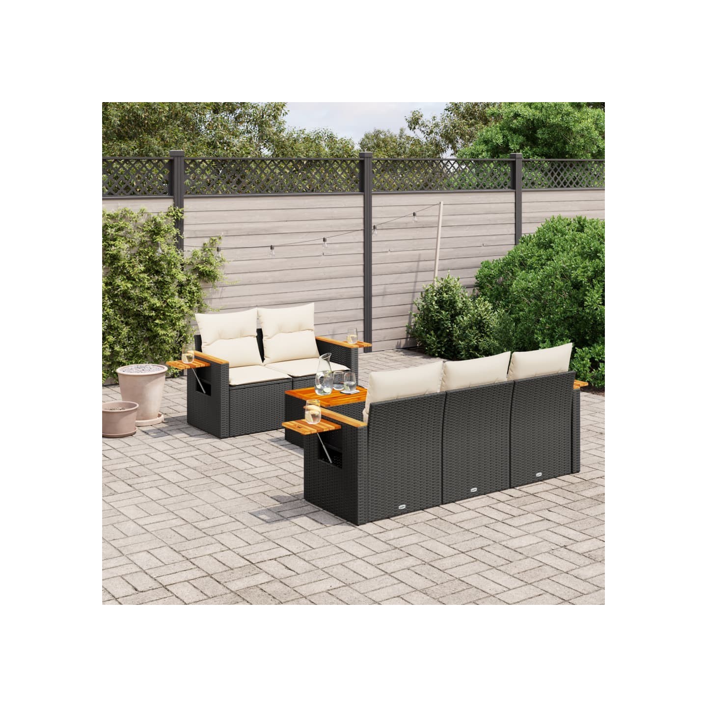 Salon de jardin 6 pcs avec coussins noir résine tressée